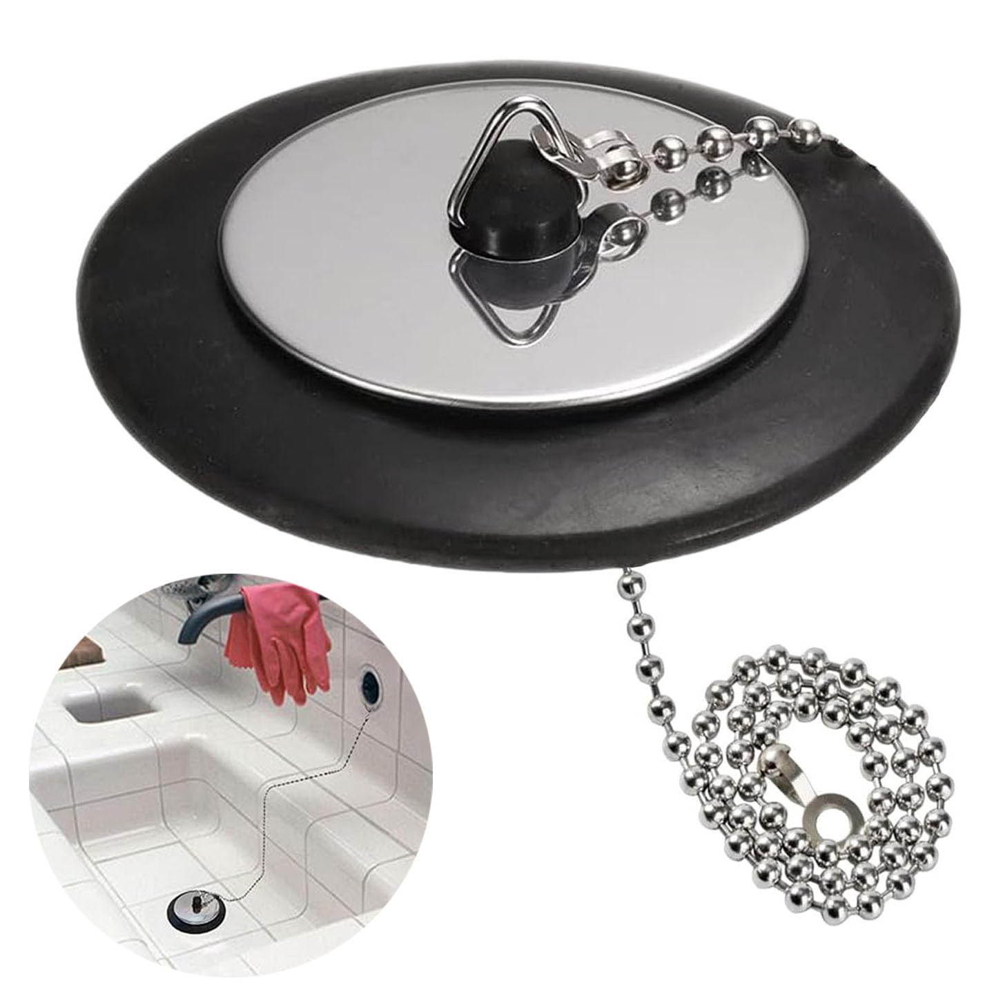 Universal Bath plug, Bathroom Sink Plug Replacement, Drain Stopper for Bathroom Kitchen, 43mm to 45mm Kitchen Sink Plug with 40mm Stainless Steel chain - (Size 1.7in To 1.77in, Chain 15.7in)