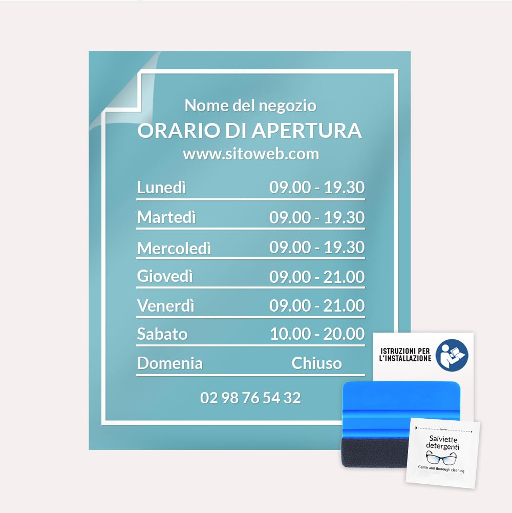 Autocollant per orari personalizzato per vetrine del negozio - Design 1