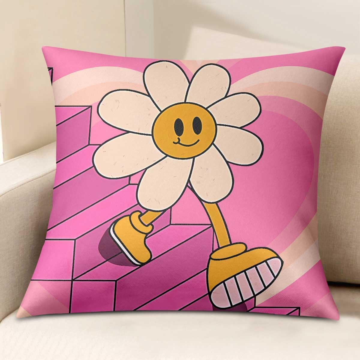 Preppy Pillow Covers Pink Decorative Throw Pillow Covers 18x18 Cute Smiley Face Girl Bedroom for Bed Bedding Stuff Retro Graphic Things-01