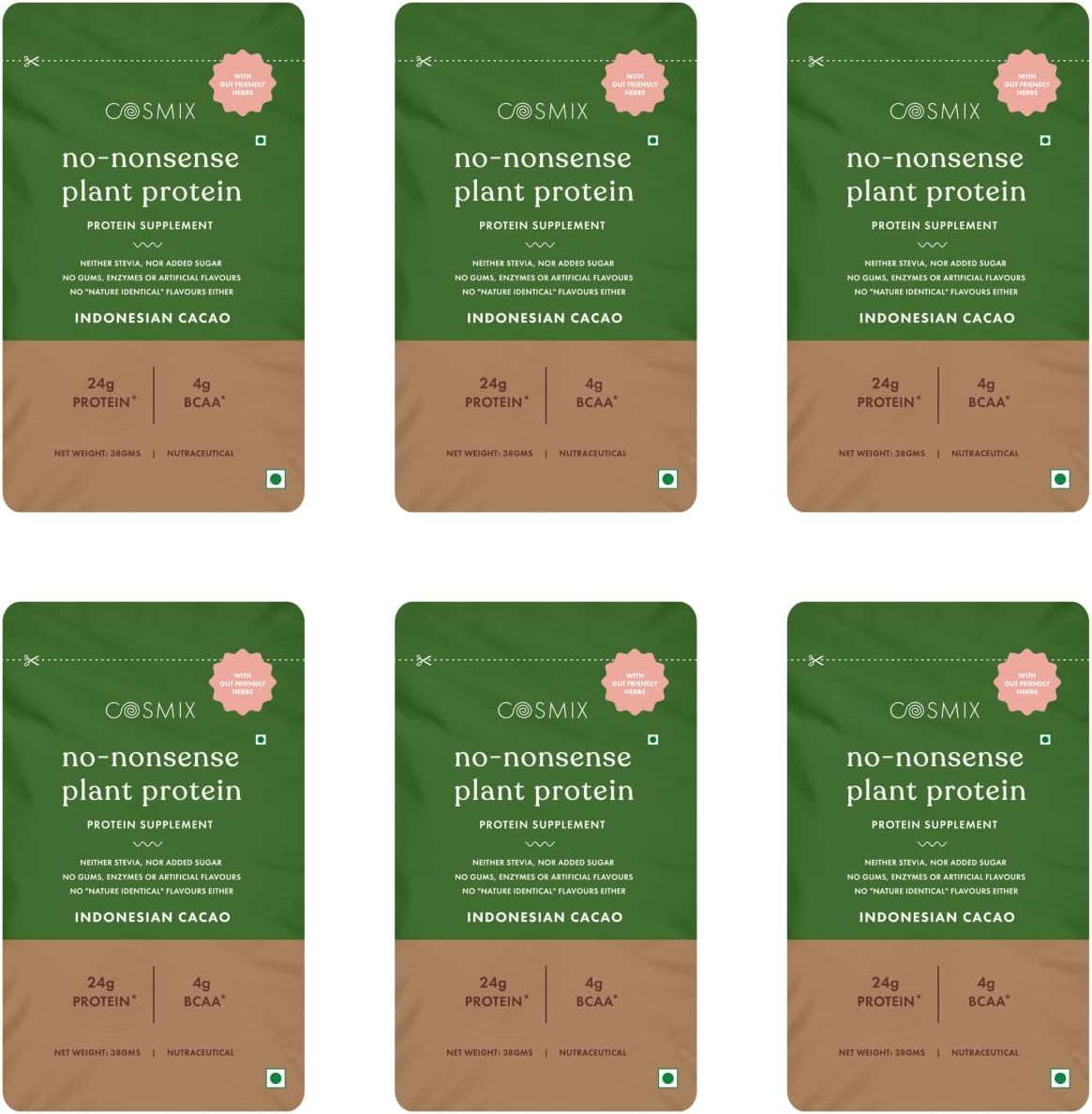 Cosmix No Nonsense Plant Protein - Organic Pea & Rice Isolate | Gut Friendly Superfoods | Complete Amino Acid Profile | Easy Digestion | 24g Protein/Sachet| Vegan | Indonesian Cacao (Pack of 6)