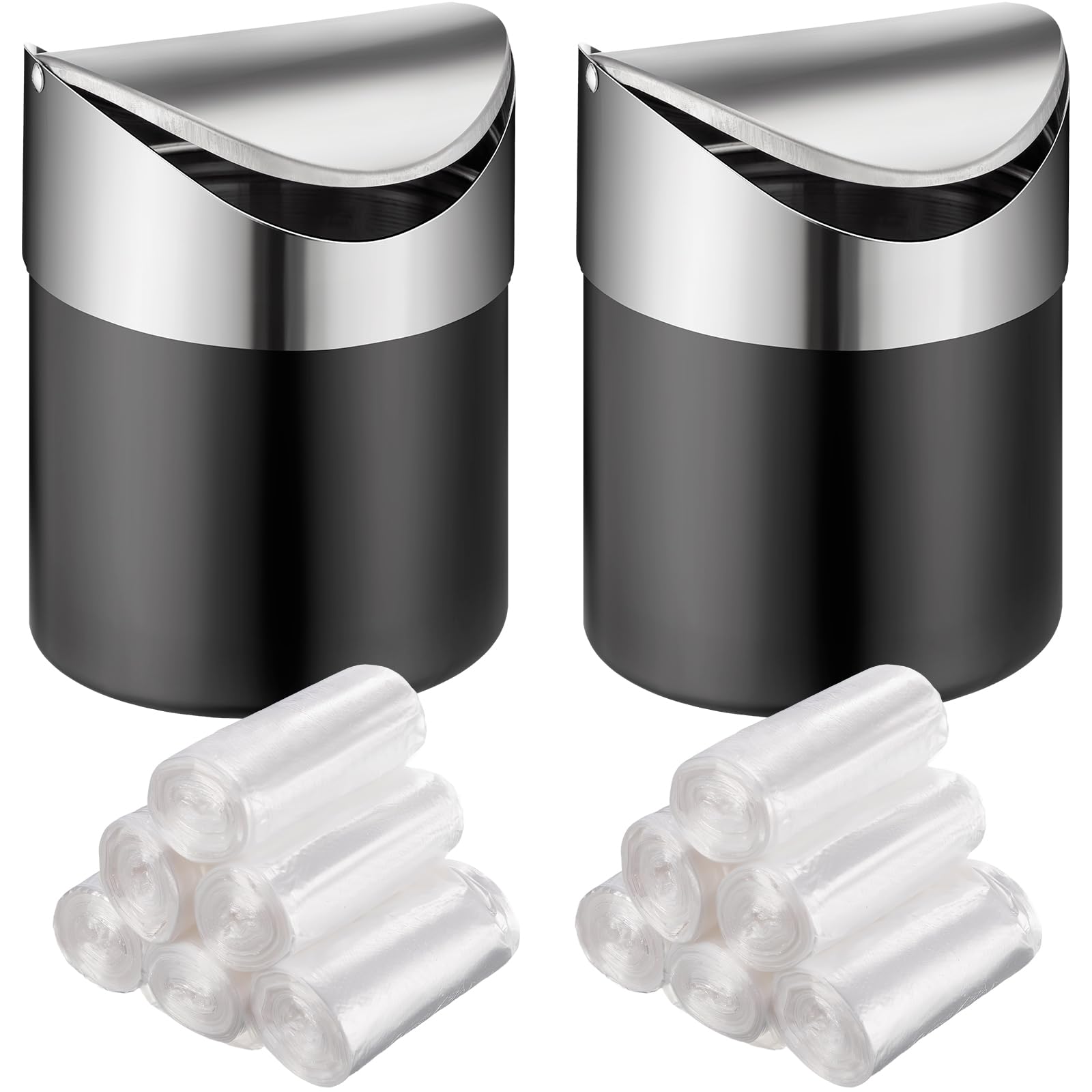 Yiyiring 2 Pcs Desk Trash Can with Swing Lids, 12 Rolls of Trash Bags, 2L Brushed Stainless Steel Countertop Garbage Bin Small Wastebasket with Lid