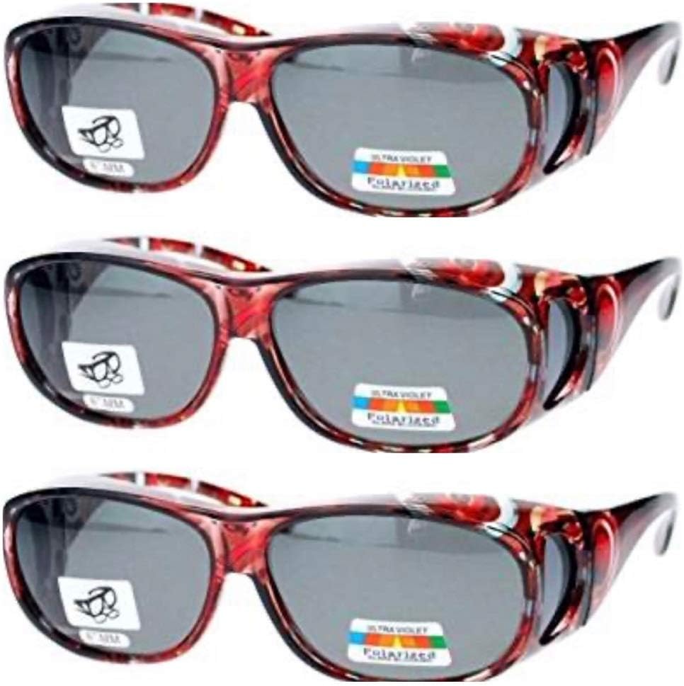 3 Pair Polarized Sunglasses Fit Over Glasses Oval Rectangular Sunglasses (Deep Red)
