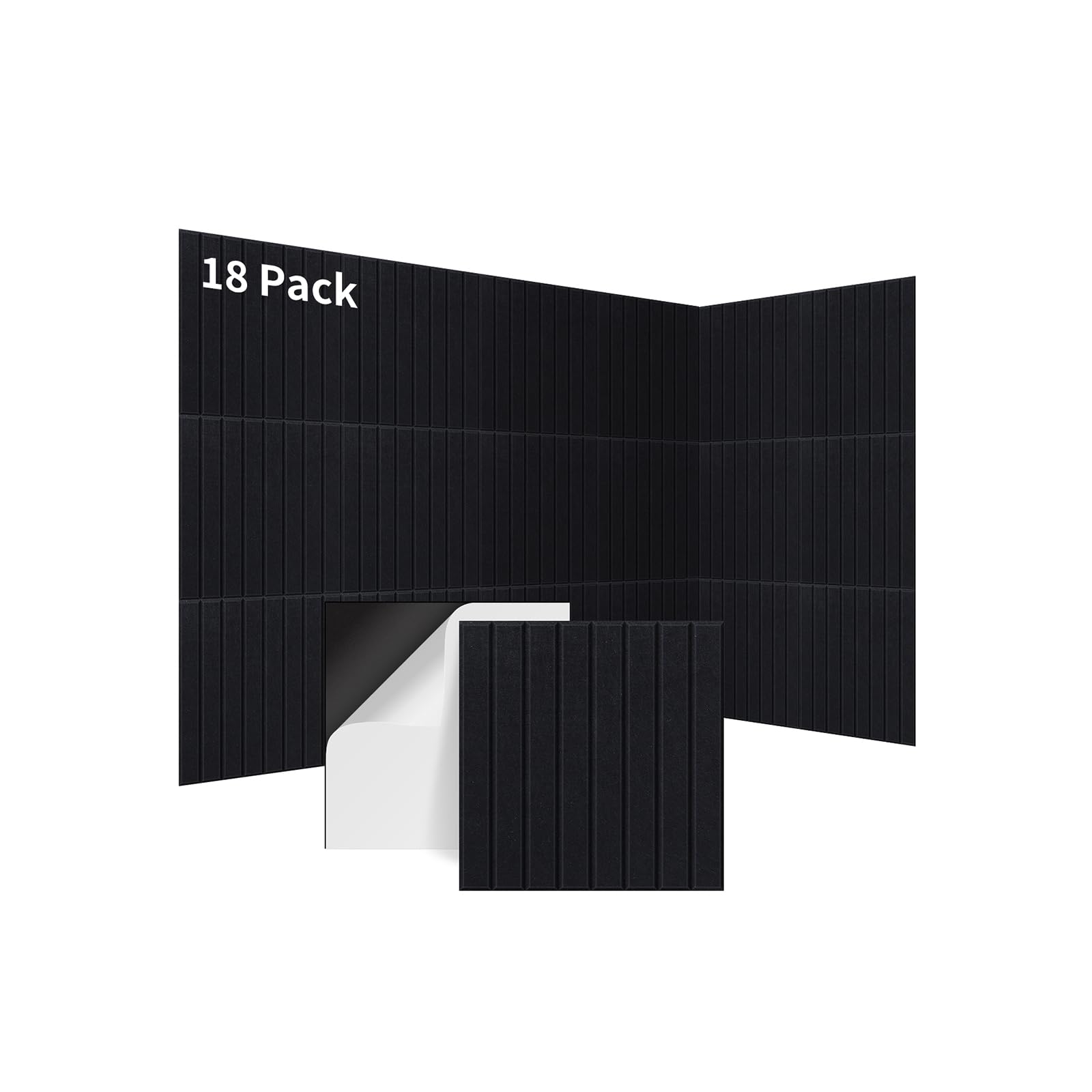 Panneaux Acoustiques Rainurés Lot de 18 1,62 m² Autocollants Noir | 30×30×0,9 cm, 230 kg/m³, NRC 0,95; design rainuré et absorption acoustique pour réduire l'écho en studio, bureau ou gaming.