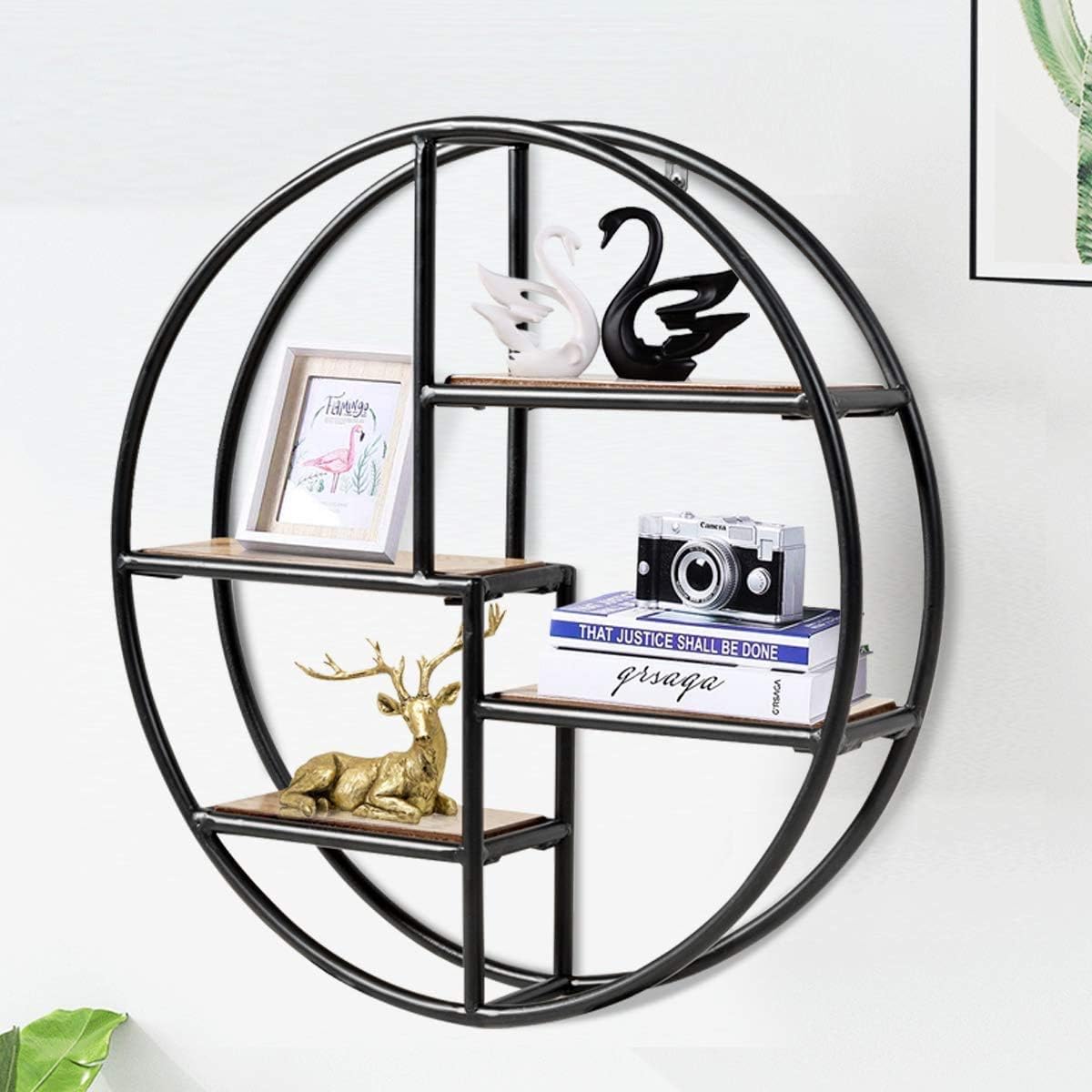 FANTASK Round Wall Shelf, 4-Tier Wood Floating Decorative Shelf w/Metal Structure, Circle Décor Shelf for Office Bedroom Kitchen Study Living Room