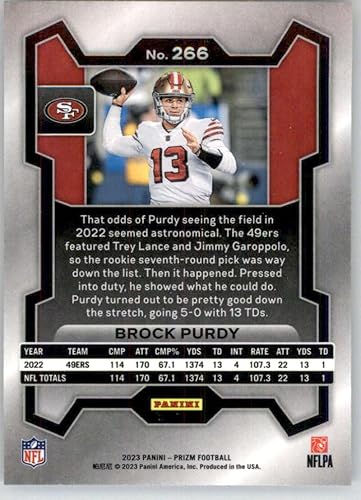 Miniatura 2 de 2023 Panini Prizm Football #266 Brock Purdy San Francisco 49ers Official NFL Trading Card (Stock Photo shown, Near Mint to Mint Condition)