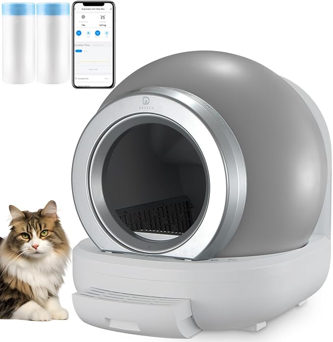 Self Cleaning Litter Box, Automatic Cat Litter Box Self Cleaning Large Capacity for Multiple Cats,APP Control/Low Noise/Safety with Ladder Box&2 Rolls Garbage Bags,Grey and White【Updated Version】