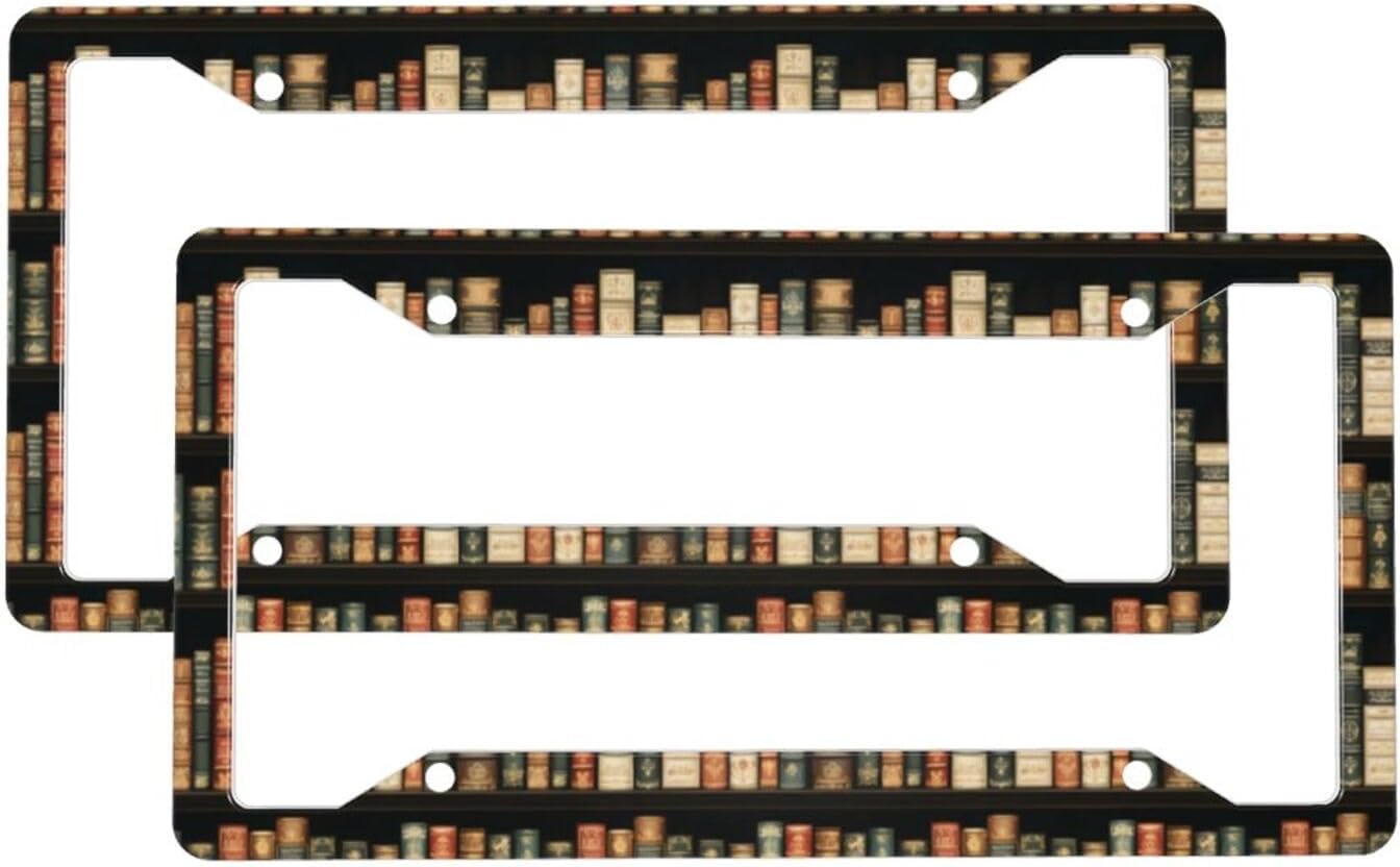 2 Pcs Car License Plate Frames for Women Men – Vintage Library Print Aluminum Solid License Plate Cover for Car Accessories for Women Men with