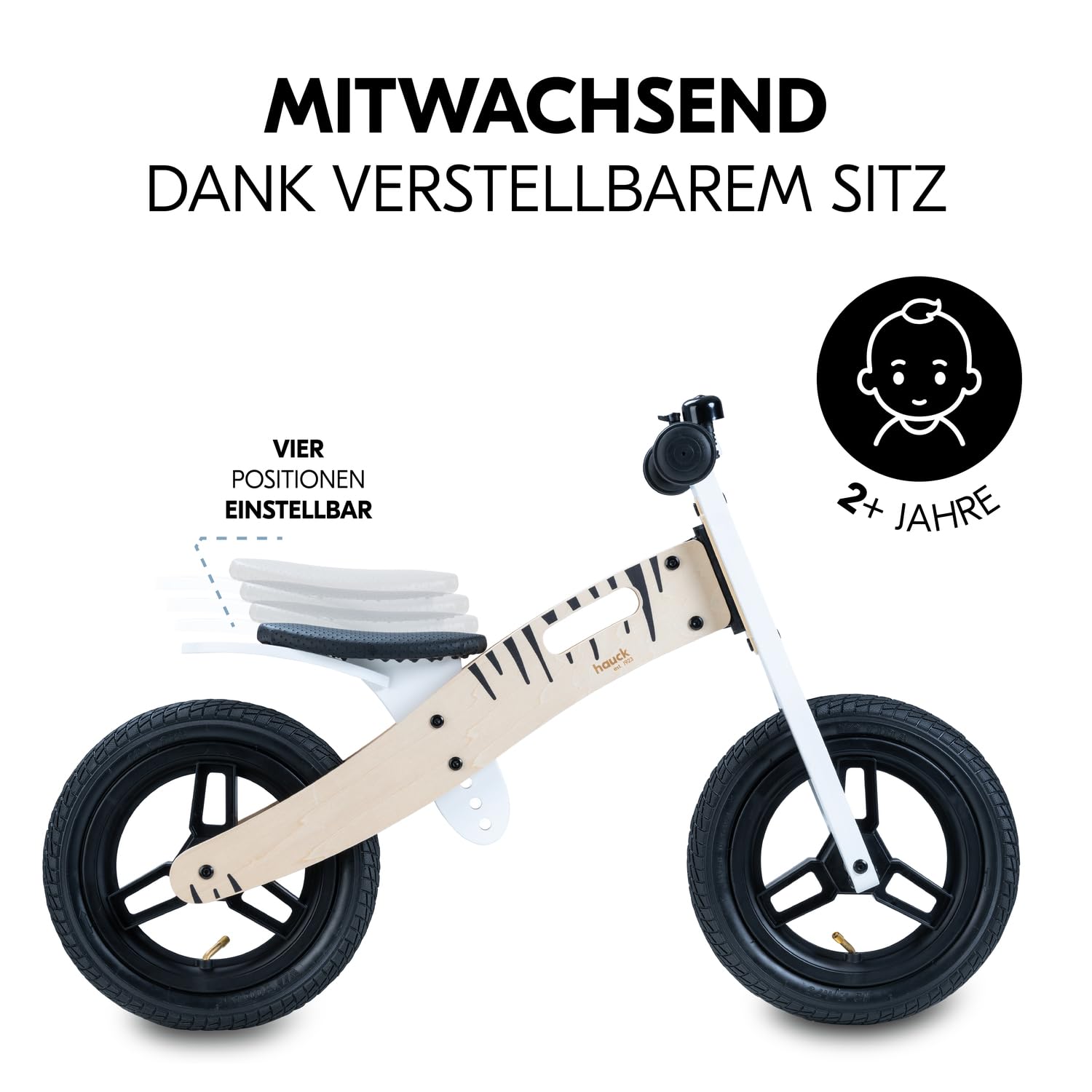 hauck Kinder Laufrad Balance N Ride ab 2 Jahre bis 20 kg, Holz Laufrad, Sattel Höhenverstellbar, Rutschrad mit 12 Zoll Lufträder, Klingel, Tragegriff, ohne Pedal (Zebra)