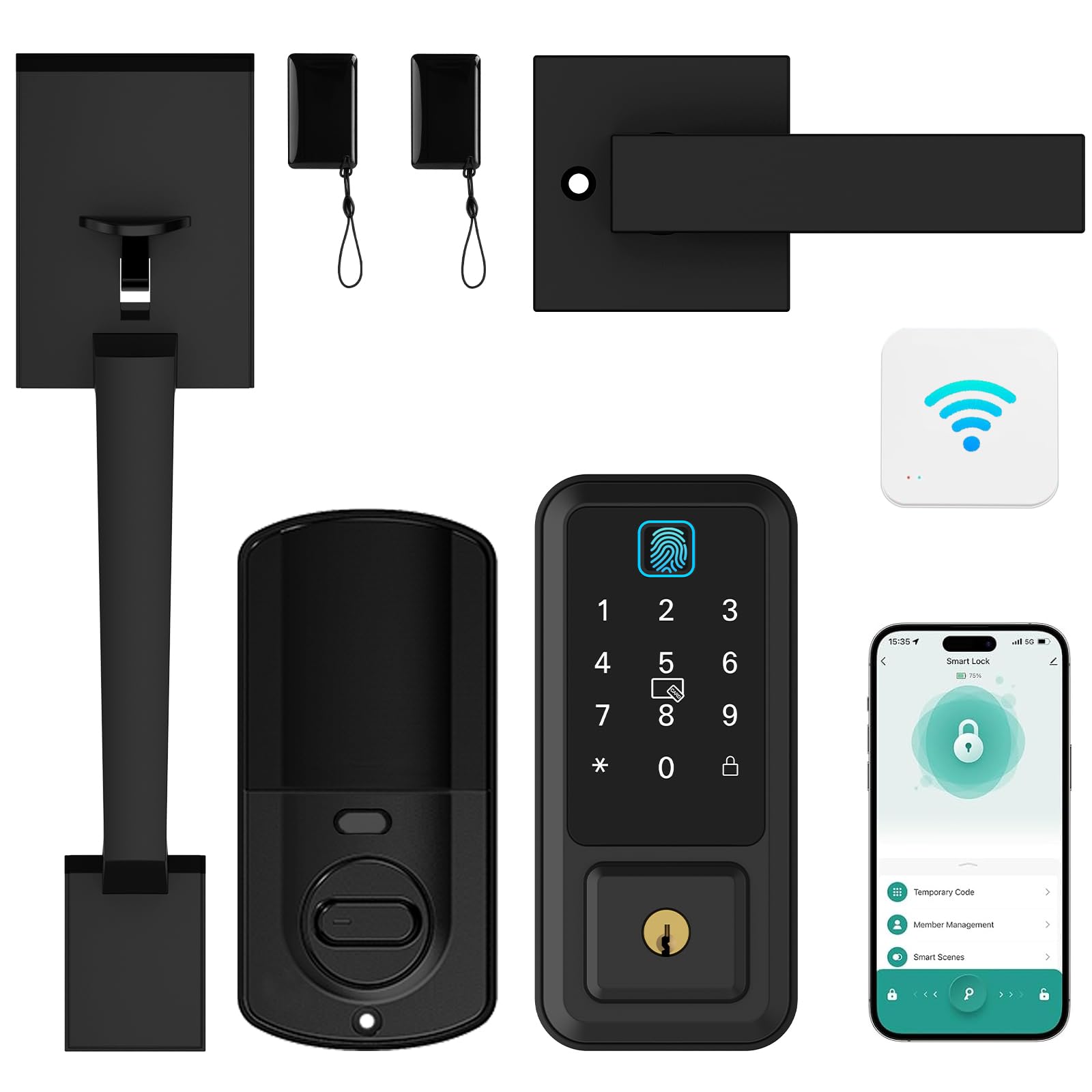 WiFi Front Door Lock Set, Hunnay Smart Locks for Front Door, Keypad Fingerprint Deadbolt APP Control Bluetooth Alexa Auto Lock, Easy Install (Black)