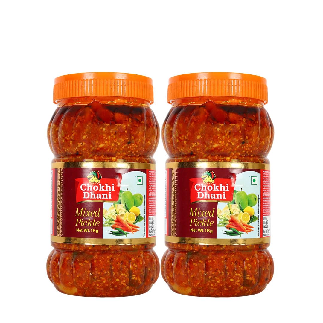Chokhi Dhani Mixed Pickle, Authentic Indian Style Tangy and Spicy Versatile Mix Achar with Preserved Aromatic Spices and Traditional Taste (Pack of 2, 1kg Each)