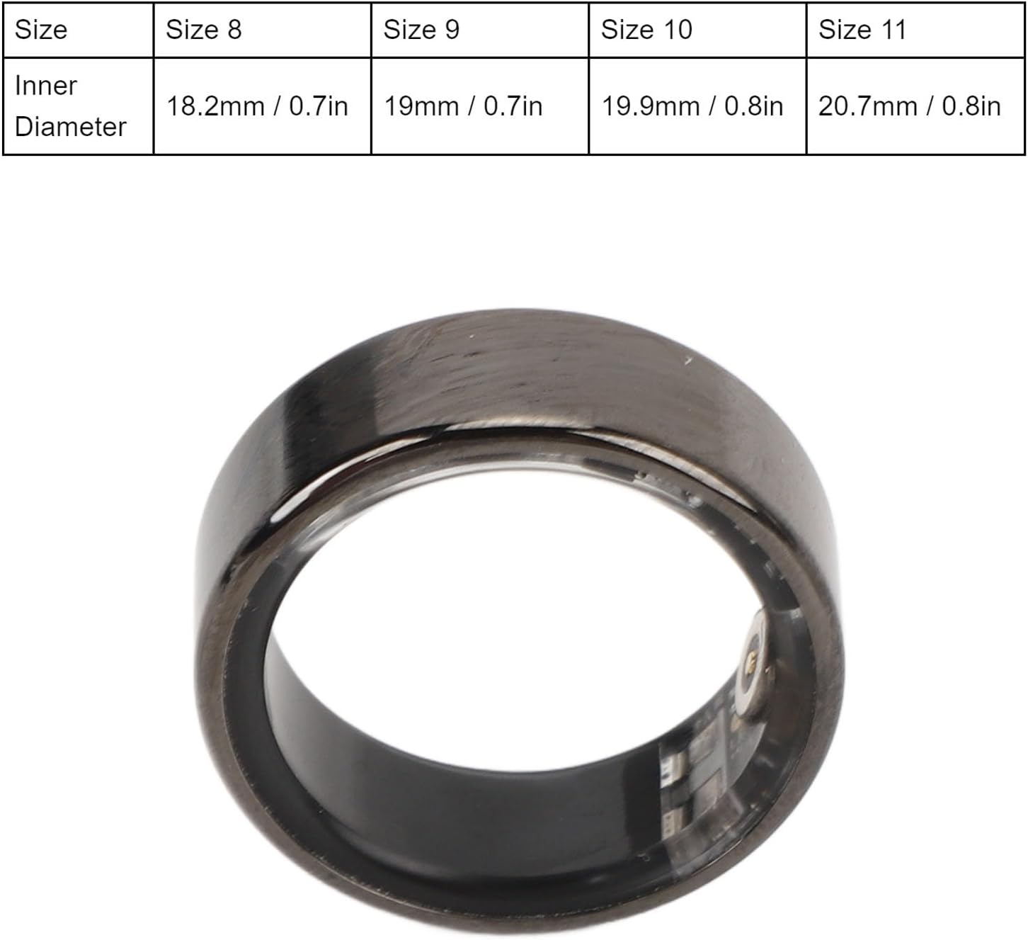 Table showing smart ring sizes and corresponding inner diameters