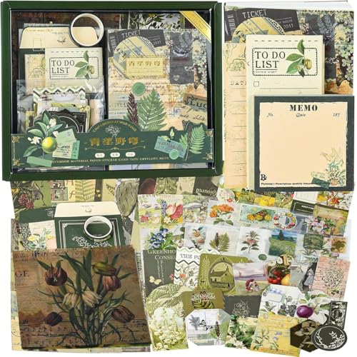 Image of VIBE VISTA Vintage Scrapbook Kit - 346 Pcs A6 Grid Notebook, Washi, Envelopes, Papers, Folding Labels, Background Papers, Photo Frames, Calendar Stickers - Cyan Looked At Wild Dome, Green