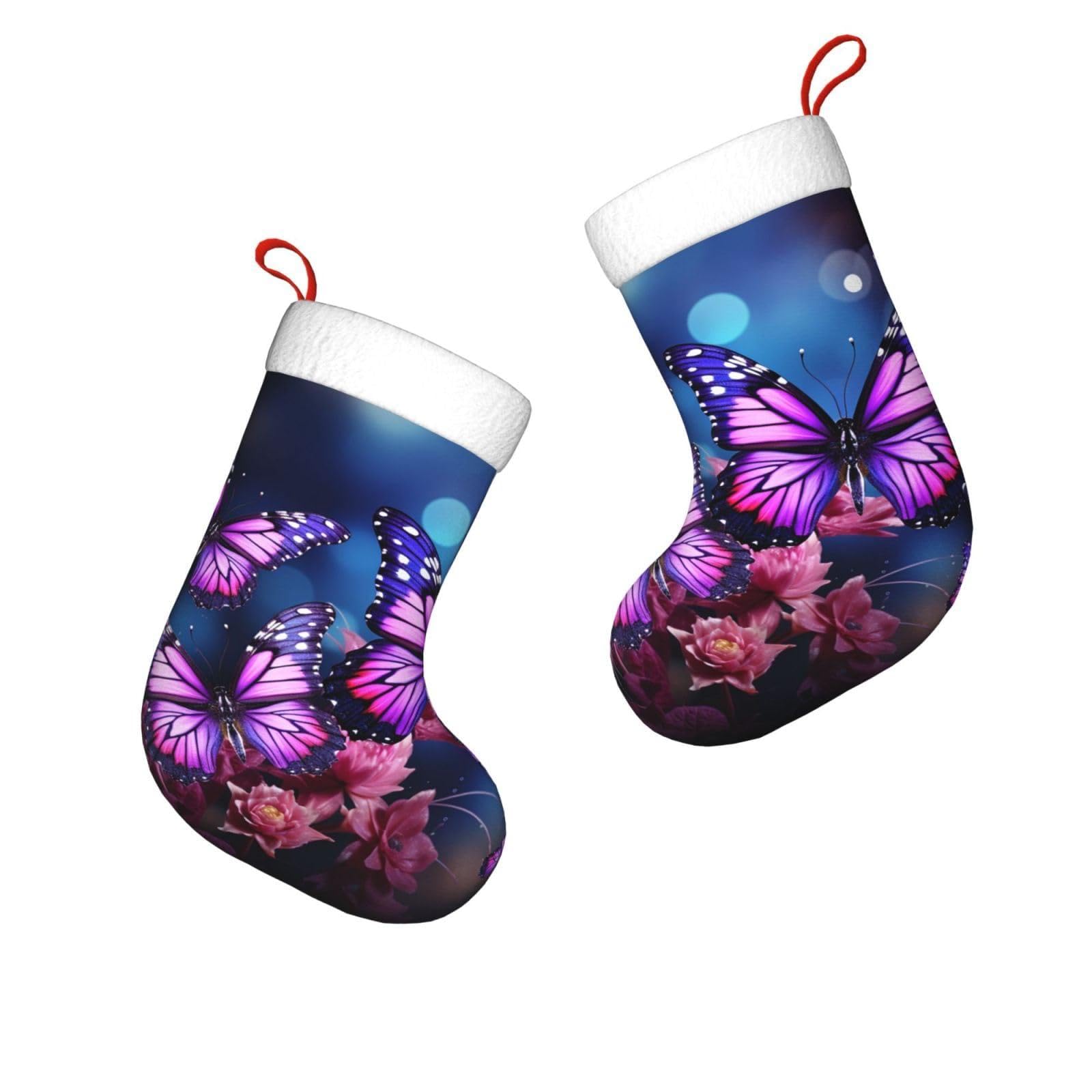 FodPand 17.7" Christmas Stocking 1 Piece, Purple Butterflies Xmas Stockings with White Plush Cuff Fireplace Hanging Stocking for Christmas Holiday Party Decoration
