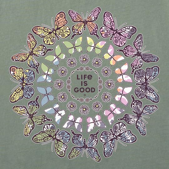 Life is Good. Women's Tie Dye Butterfly Daisy Mandala Long Sleeve Crusher Tee, Moss Green2