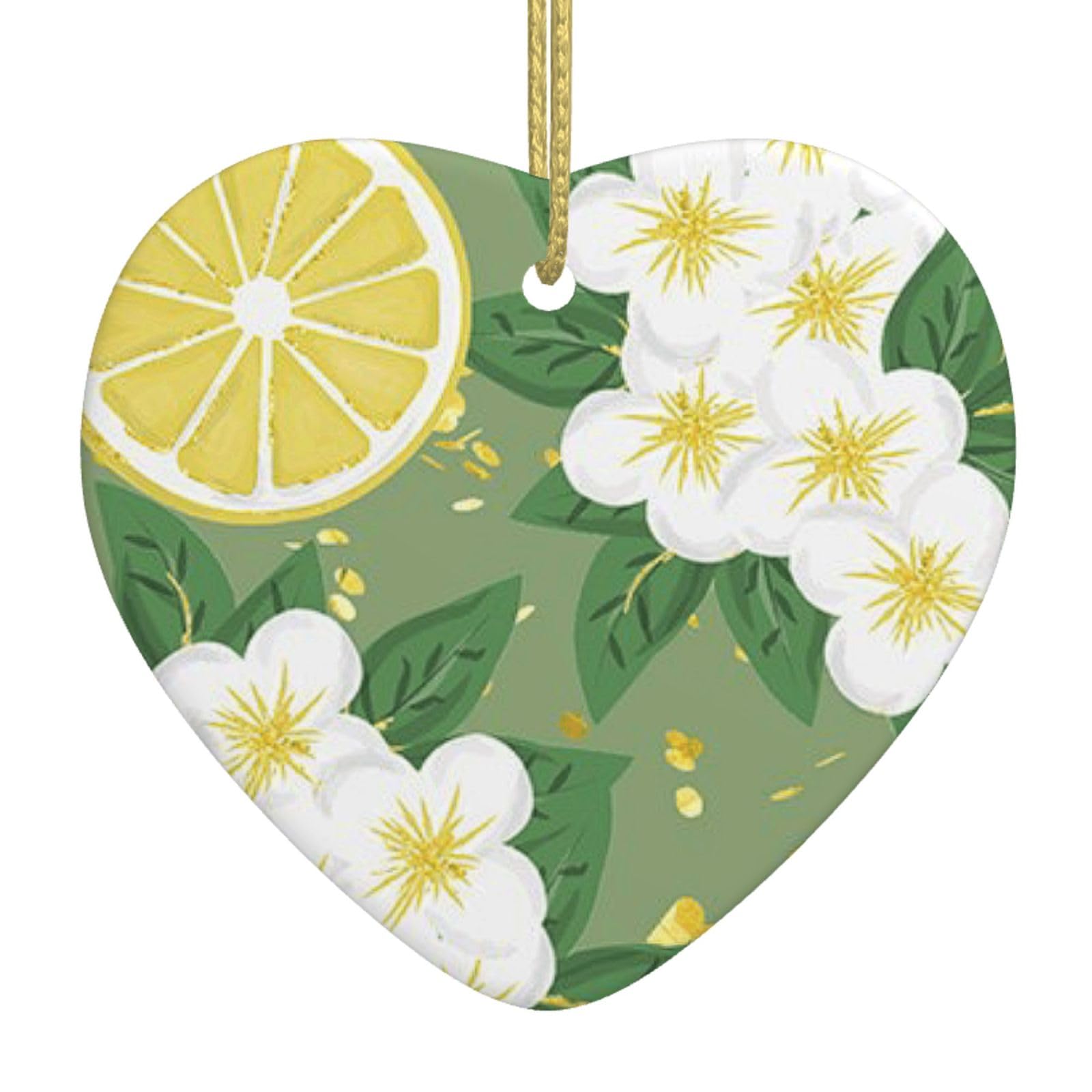 Nbtghga White Fresh Lemon Print Christmas Ornaments, Ceramic Hanging Ornament, Xmas Tree Decoration, Holiday Home Decor