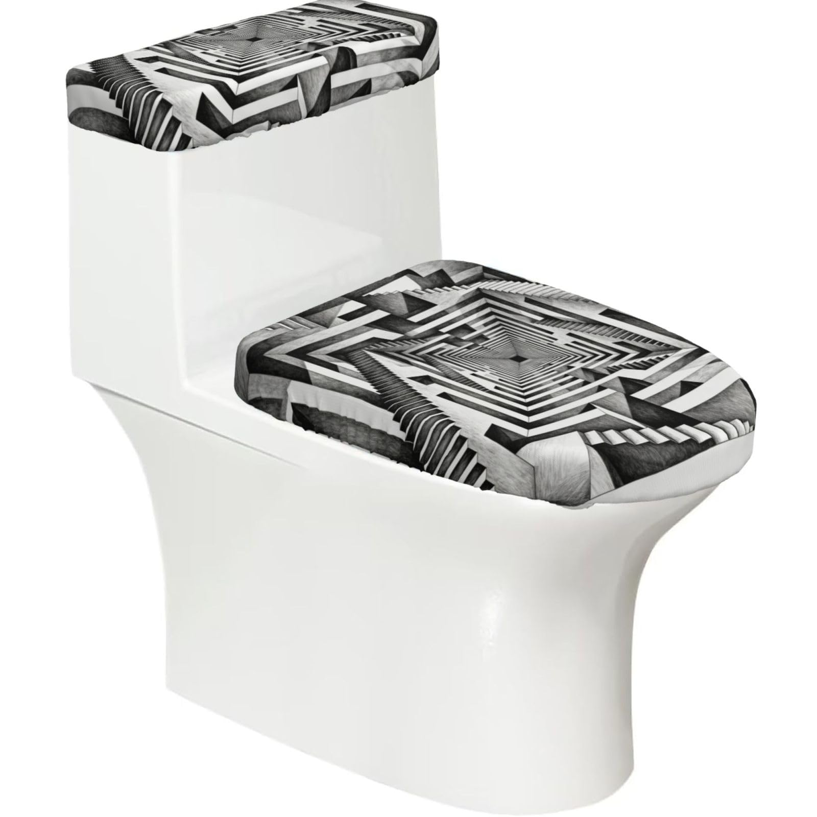 Cntdbu Black Maze Elastic Toilet Cover Set Of 2-Stretchy Lid And Tank Covers For Bathroom, Soft Washable U Shape Toilet Decor