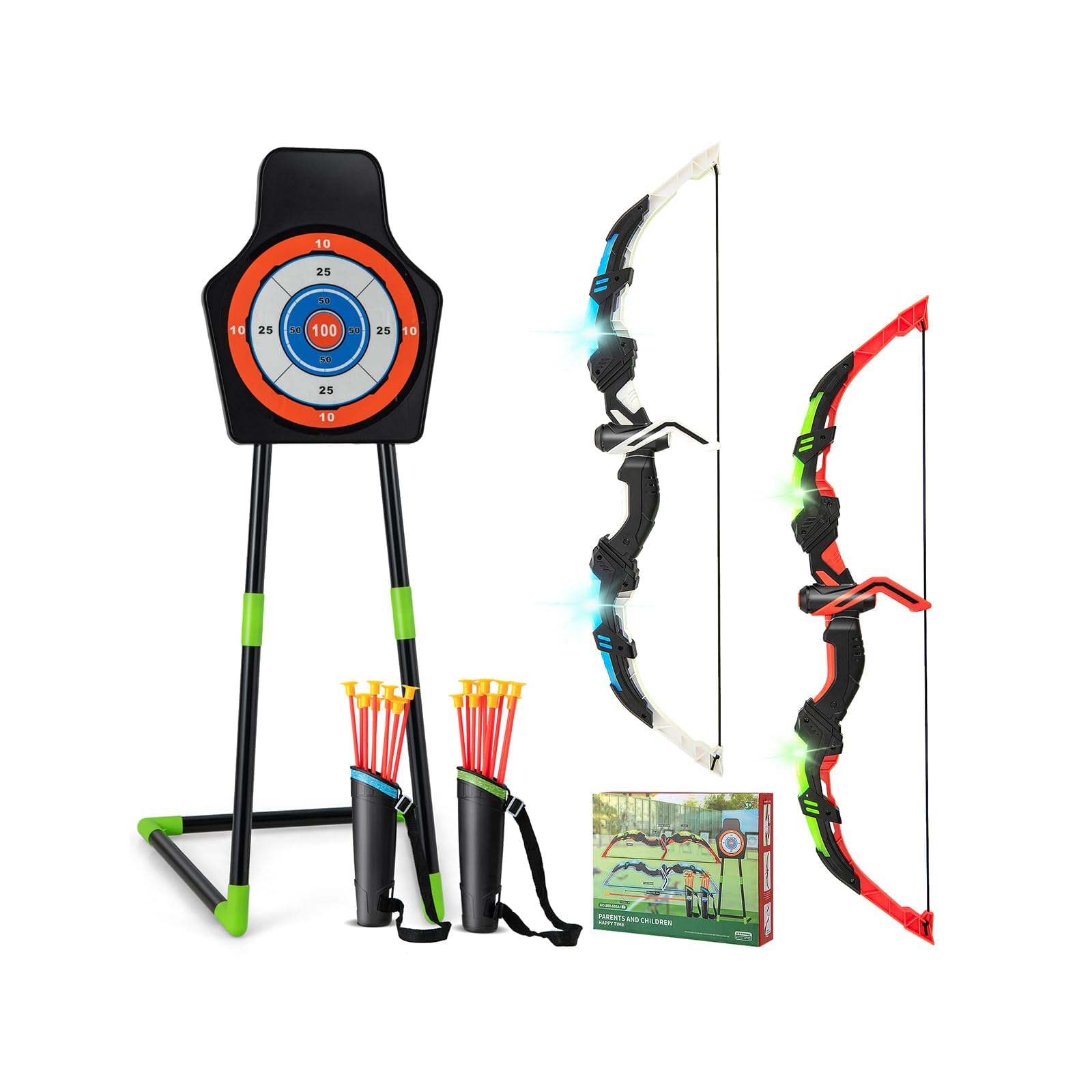 RELAX4LIFE Set di Archi per Bambini con luci a LED, Set Giocattoli con 2 Archi e 20 Frecce a Ventosa per Interni ed Esterni, Regalo per Ragazzi 3-12 anni