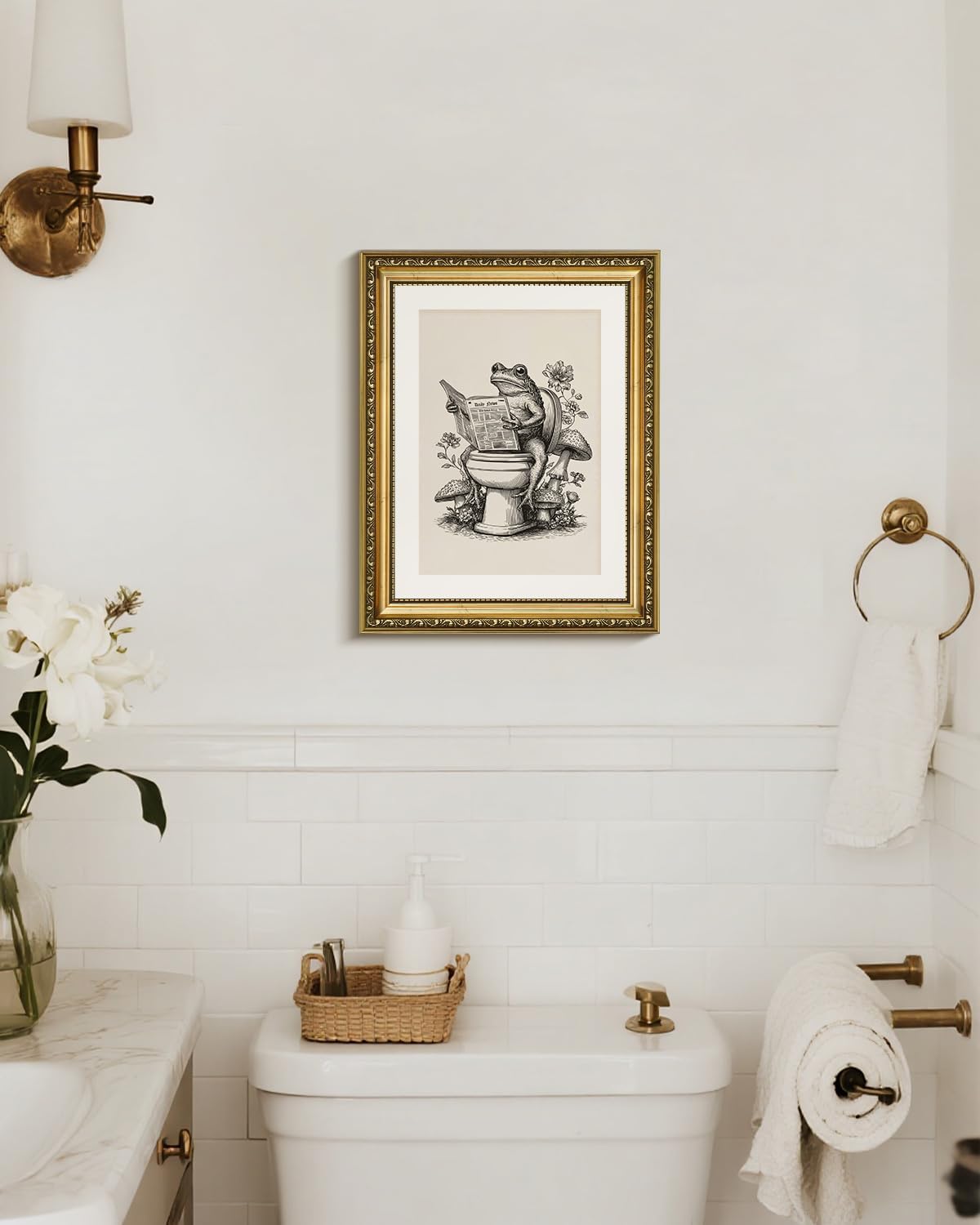 VIYYIEA Framed Canvas Wall Art, 11x14 Inch Vintage Frog Illustration, Whimsical Funny Animal Bathroom Wall Art for Bathroom and Powder Room Decor