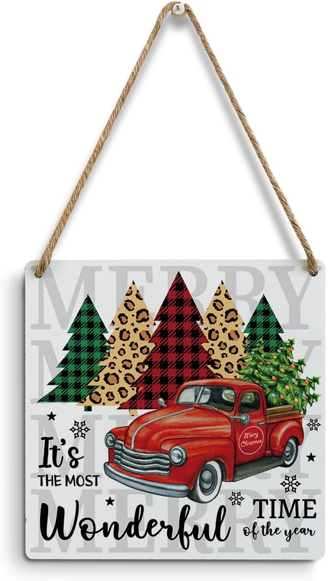 mmiishe Christmas Decorations Wall Art Farmhouse Wall Hanging Decor Vintage Truck Decor Buffalo Check Cheetah Print Trees Wood Sign for Winter Holiday Festival Home Xmas Party Front Door Porch Decor Christmas50