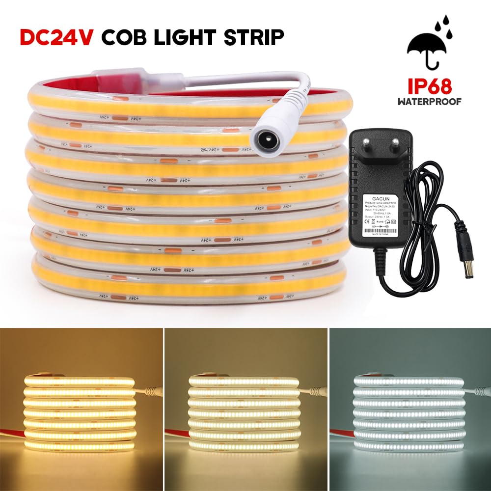 Tira LED COB 24V [50M, Blanco 6000-6500K], IP68 impermeable flexible, 320 LEDs/m tira LED FCOB cortable CRI90+, decoración interior y exterior para el hogar