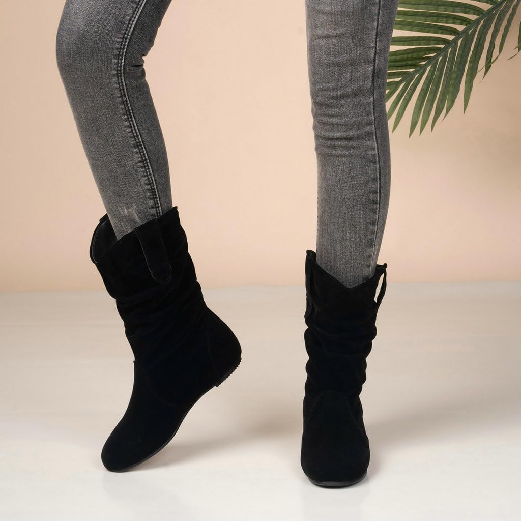 DINTAHA Mid Calf Slouch Cowgirl Cowboy Boots Flat Slouchy Booties Pull On Western Ankle Boots