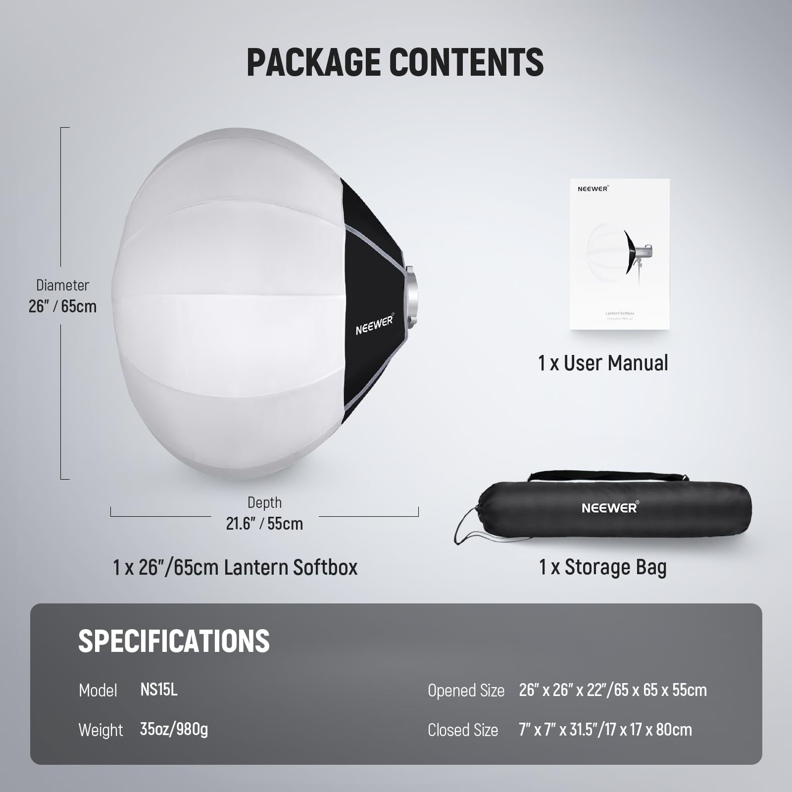 NEEWER Basics latarnia Softbox, 26", szybkozłączka, dyfuzor światła 360°, uchwyt Bowens Mount nylon, miękkie pudełko do ciągłego światła LED, do studia fotograficznego, nagrywania wideo, streamingu
