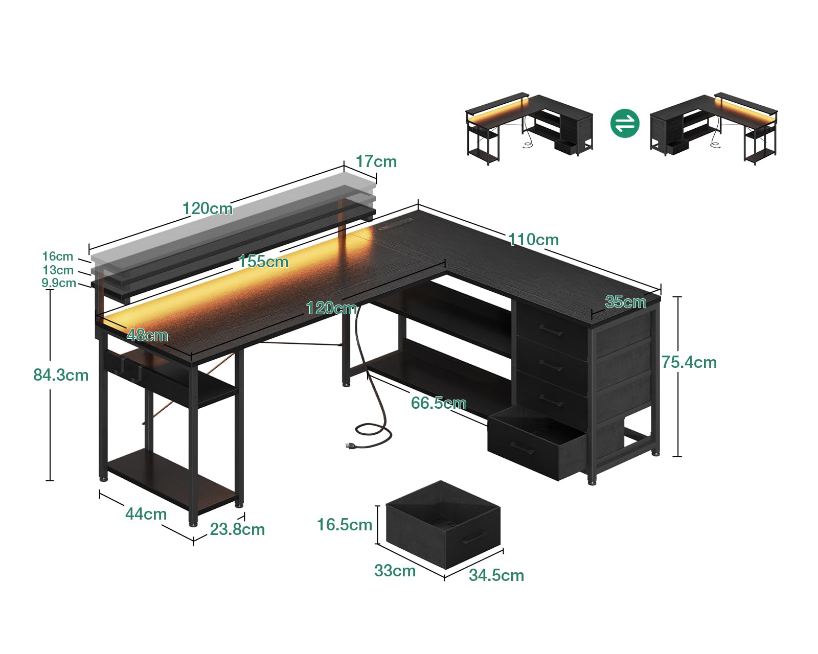ODK Scrivania con Cassetti, Scrivania ad Angolo Reversibile con 2 Prese e 2 Porte USB, Scrivania ad L con LED per Ufficio a Casa, Nero, 155×110cm