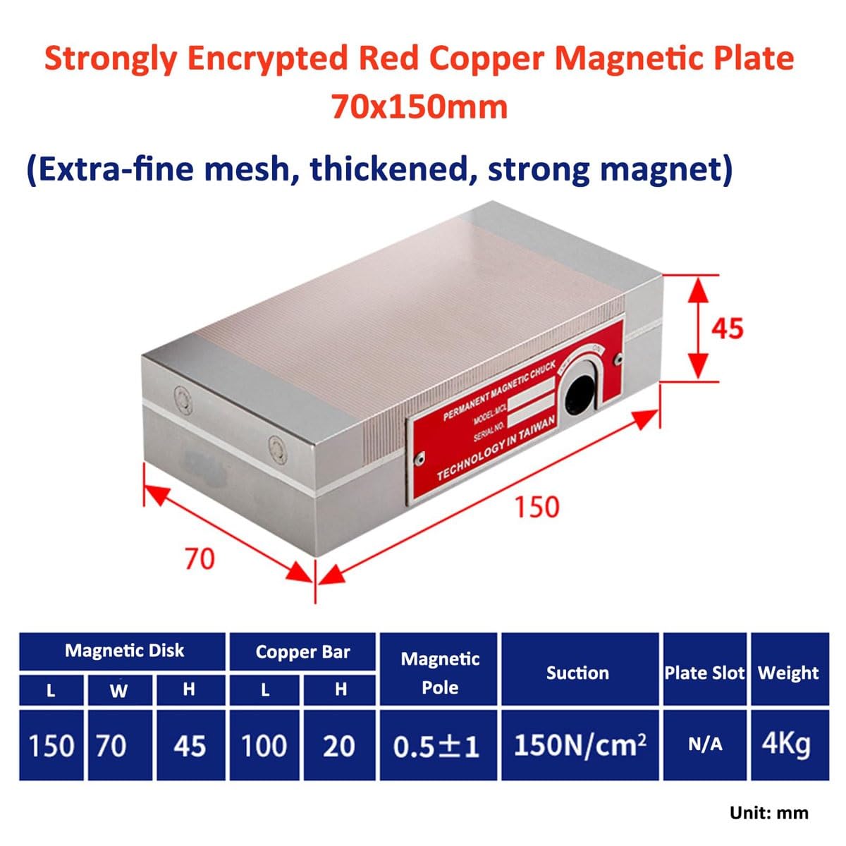 Mandrin magnétique permanent avec ventouse en cuivre rouge, 0,5 ± 1 mât magnétique, force d'aspiration 150 N/Cm2, clé incluse, idéal pour les applications de maintien (70 x 150 mm)