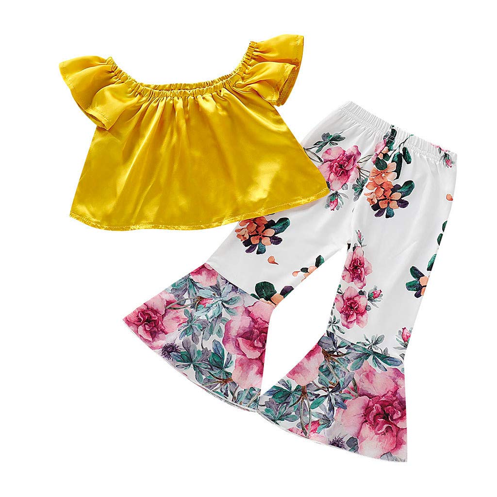 Baby Girls Clothes, 2Pcs Toddler Baby Kids Girls Solid Off Shoulder Tops+Floral Pants Set Outfits
