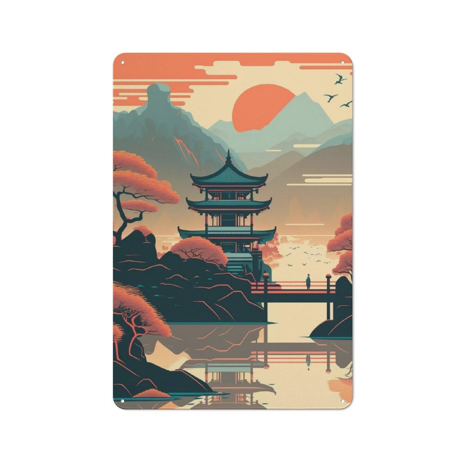 Junmoney Japan Landscape Painting Retro Metal Wall Sign 30X20cm With For Home Bar Wall, A Housewarming Gift For Hosts Who Enjoy Retro Interiors