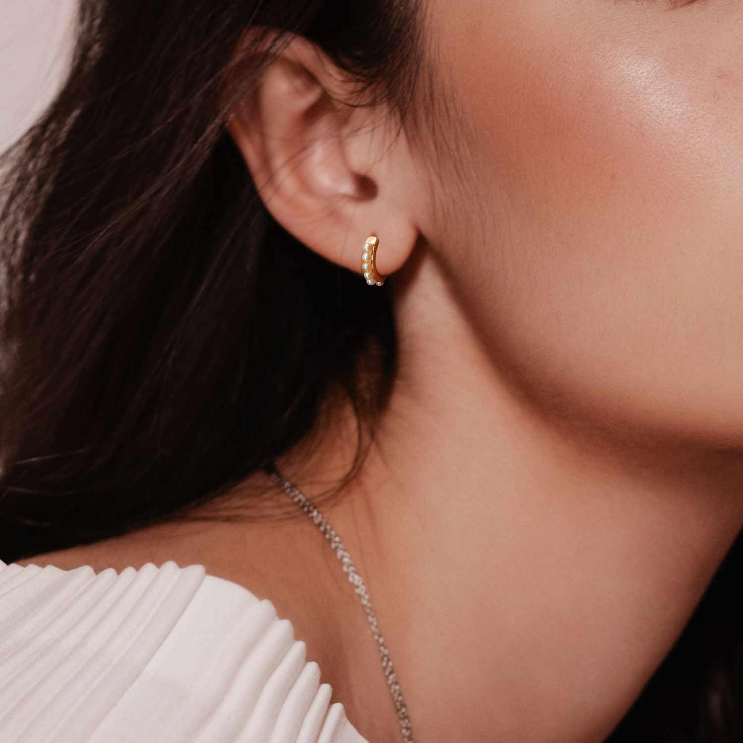 14K Gold Pearl Earrings for Women Gold Pearl Hoop Earrings for Women Small Earrings Elegance Huggie Hoop Earrings 13 MM/18 MM - Image 5