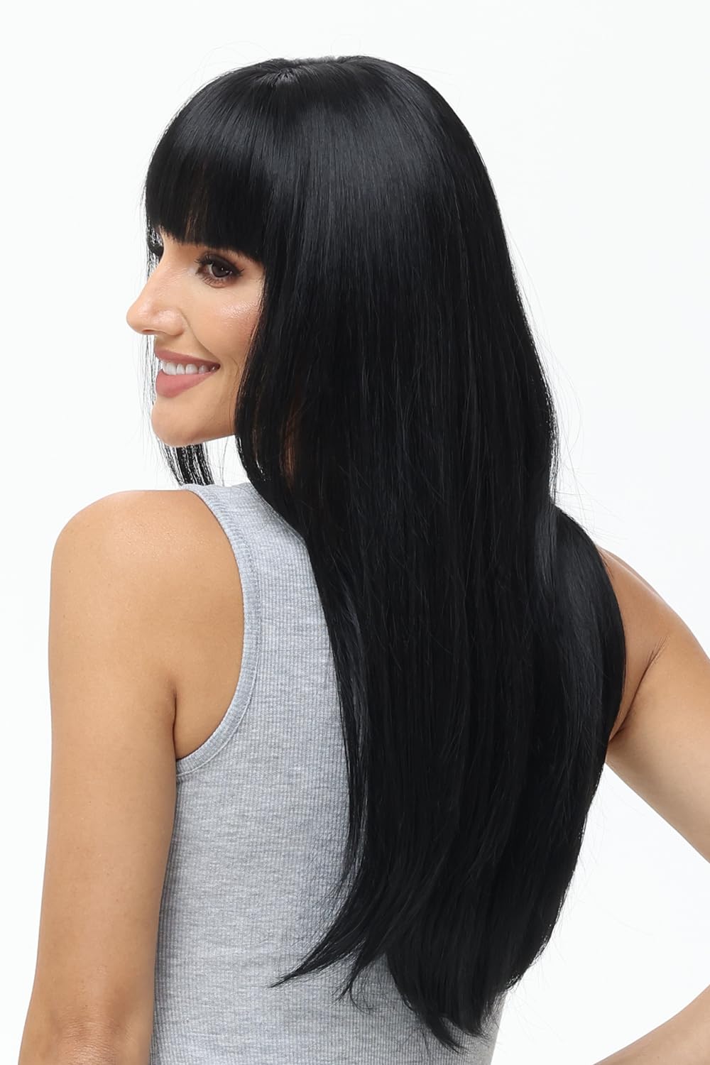 BUYOGET Long Wigs for Women with Fringe Adjustable Straight Synthetic Hair Wig Cosplay Daily Use Wigs 24 inch Natural Black - Image 3