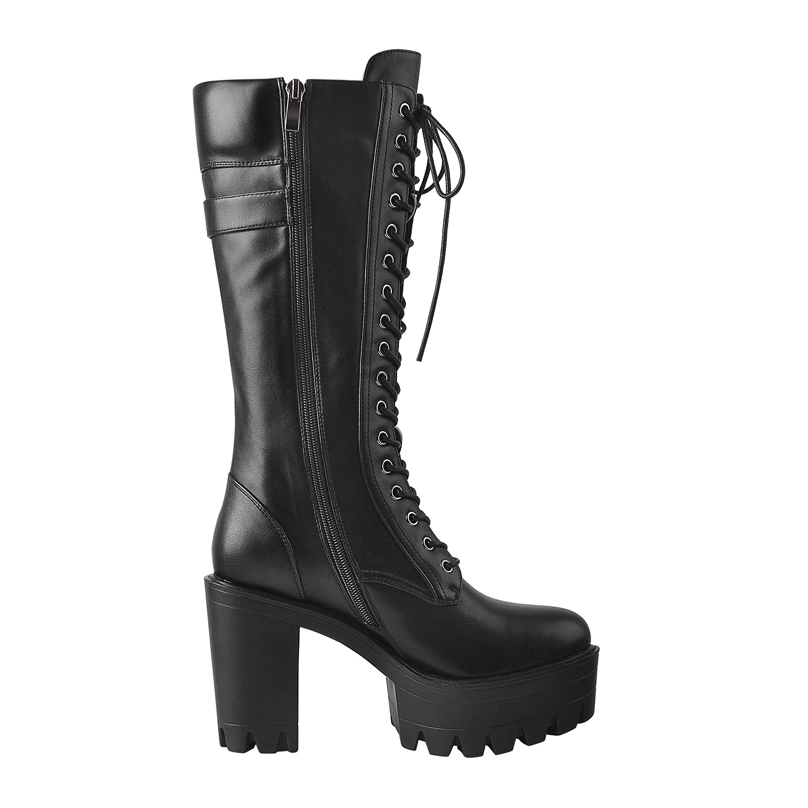 Only maker Damen Biker Boots Plateau Stiefel mit Blockabsatz Schnürstiefel
