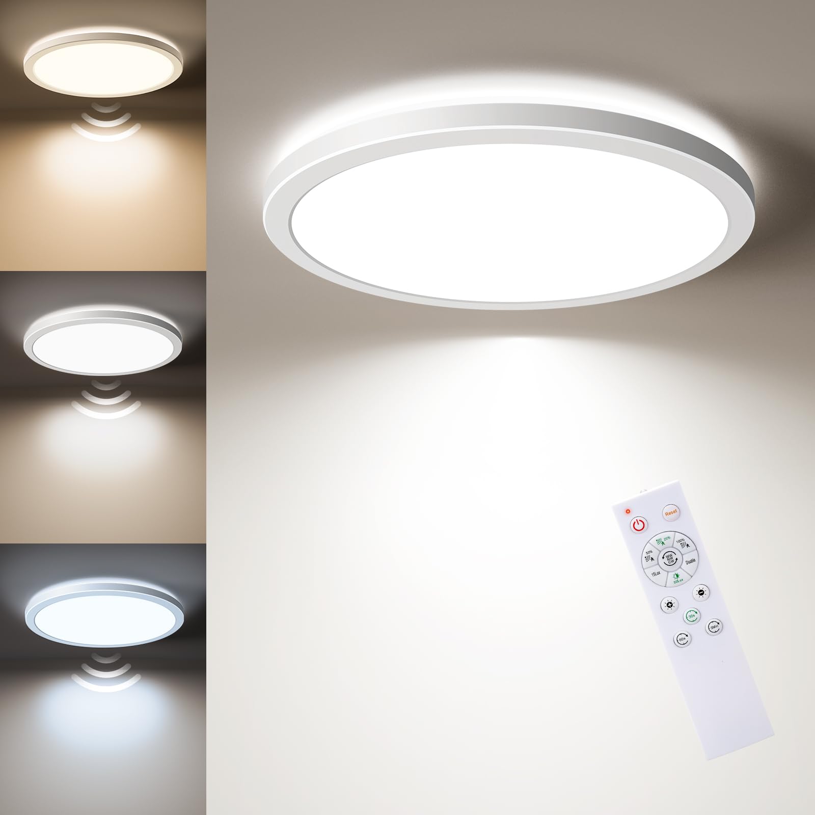 Dimmable Motion Sensor LED Ceiling Light with Remote, 9 Inch Wired Flush Mount 3000K 4000K 5000K, 1800LM Motion Sensor Light Indoor for Closet Hallway Laundry Stairs White New Version