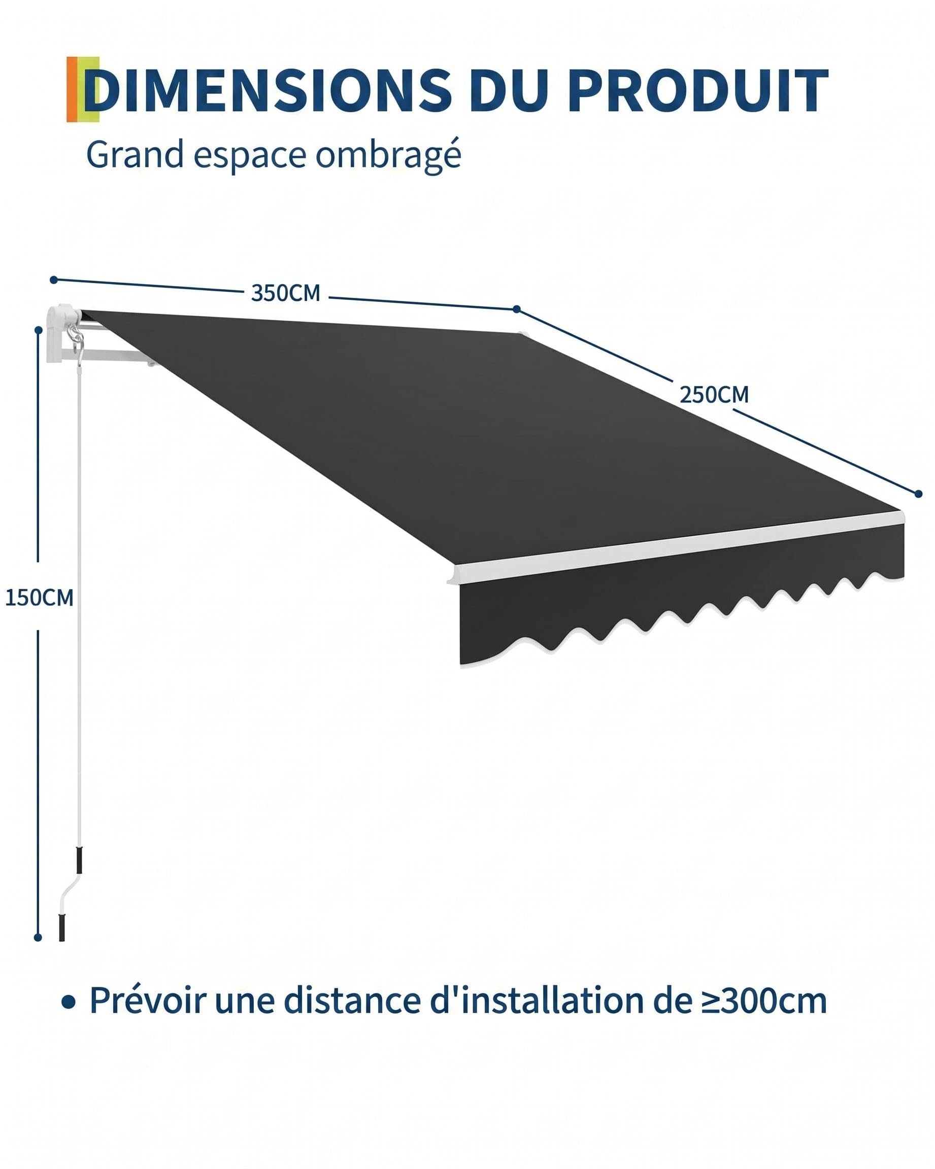 Garvee Store banne articulé extensionérieur 350x250cm – Protection UV50+, résistant à l'eau – Longueur et Angle réglables – Manivelle, Fixation fresquee – Idéal terrasse, Balcon – Noir, 11,5x8FT