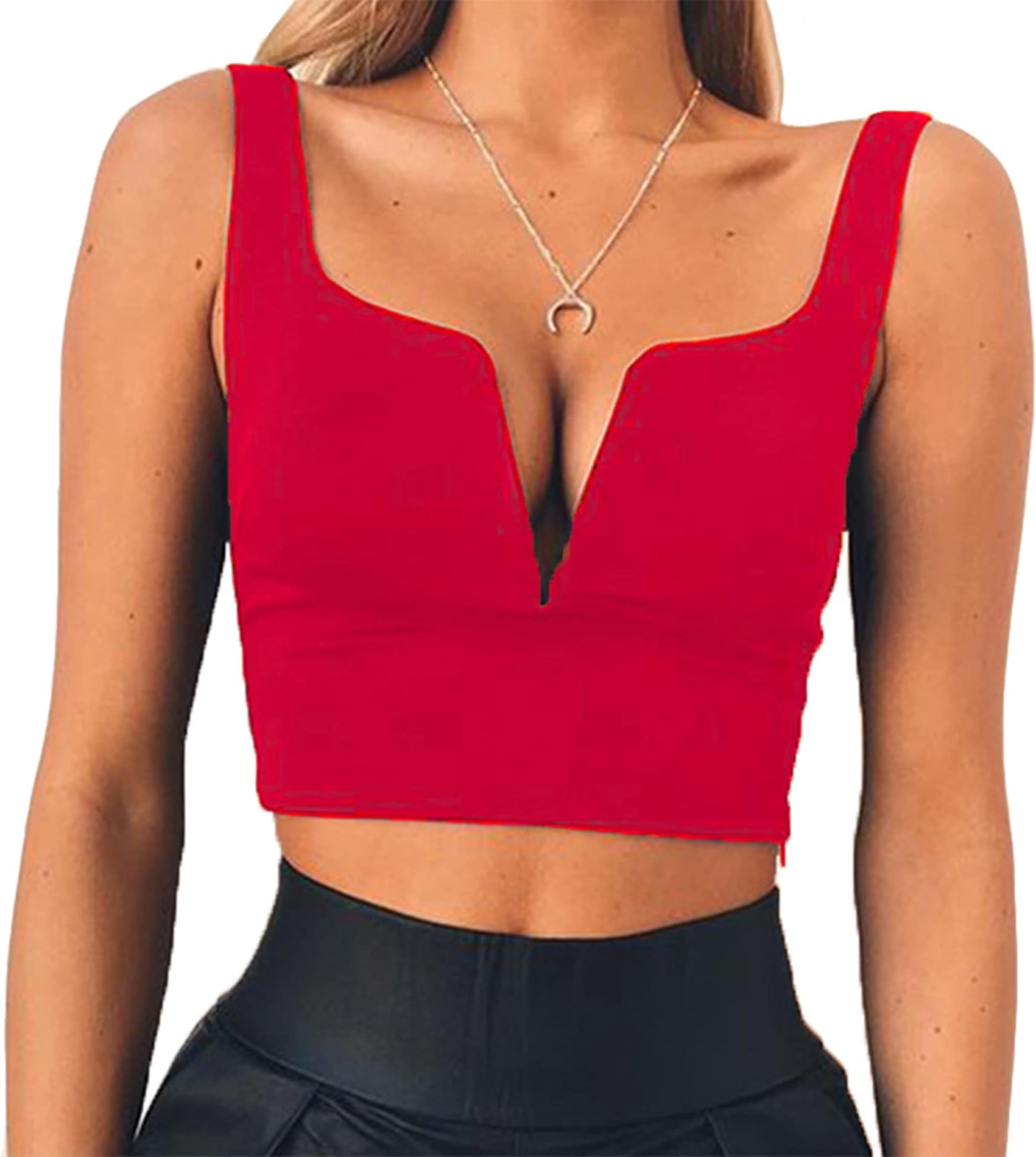 Susupeng Women Sexy Deep V Neck Sleeveless T Shirt Slim Crop Top Side Zip Casual Tank Tops