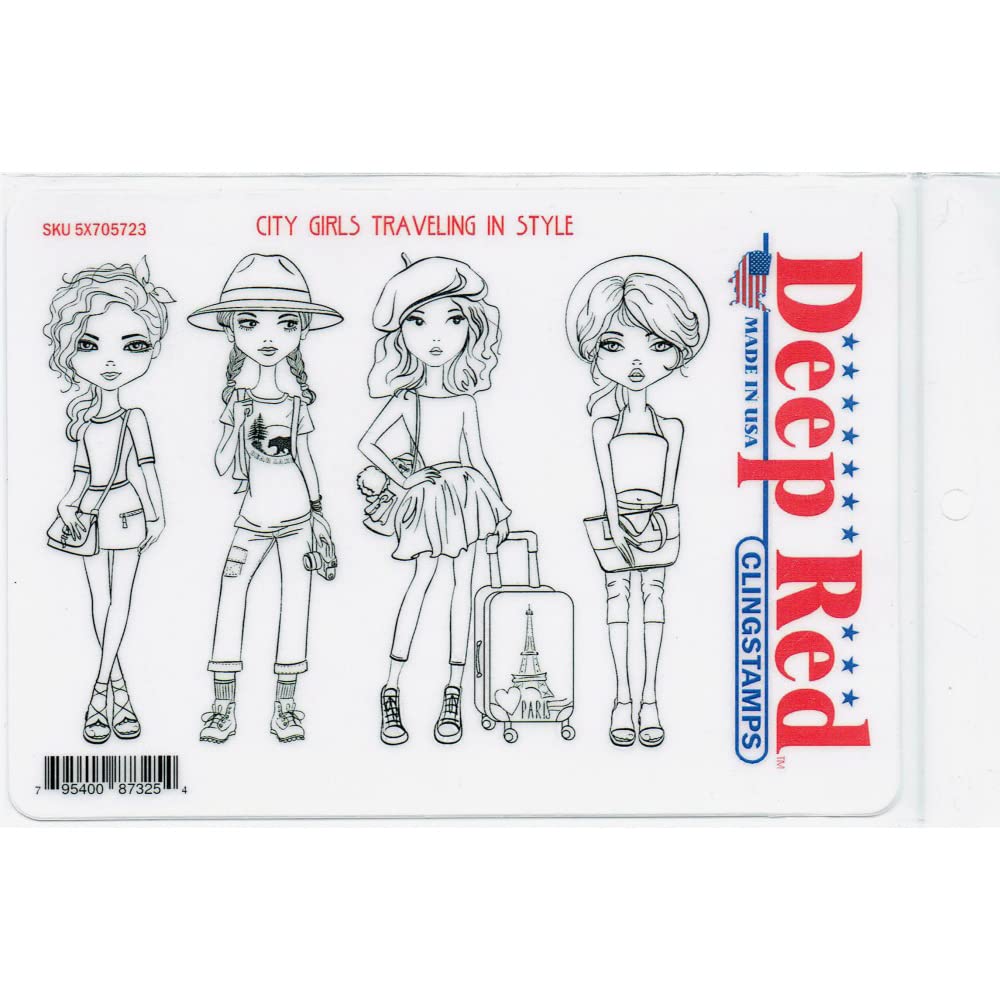 Deep Red Cling Stamp 5"X7"-City Girls Traveling In Style