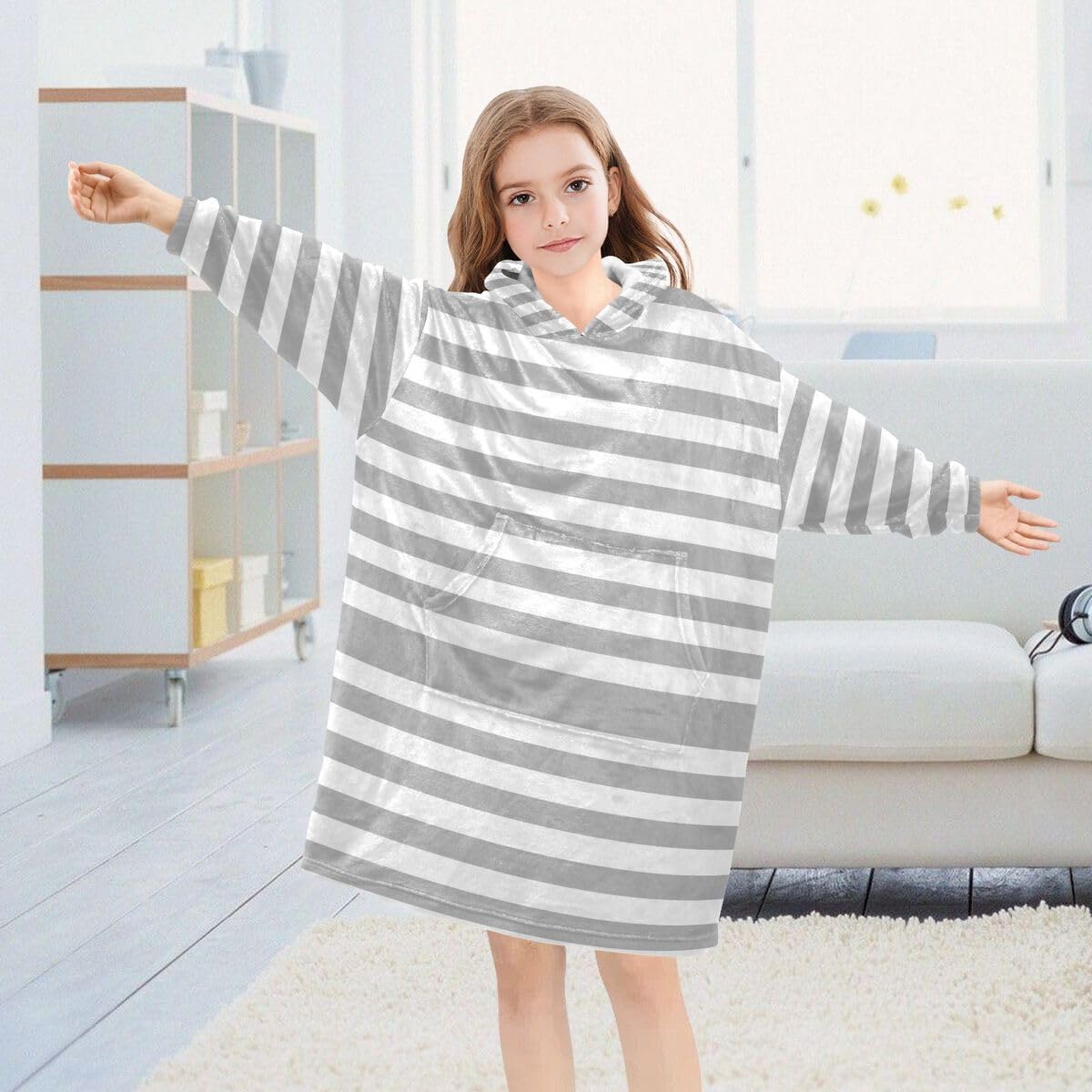 Gray Line Dziecięcy koc do noszenia z kapturem oversize bluza koc sweter w paski dla chłopców i dziewcząt w wieku 3-14 lat, multi, 150-170