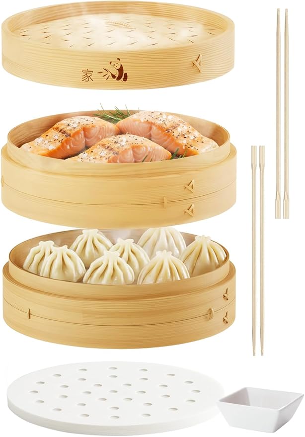 Prime Home Direct 10 inch bamboo steamer basket set with chopsticks and sauce dish