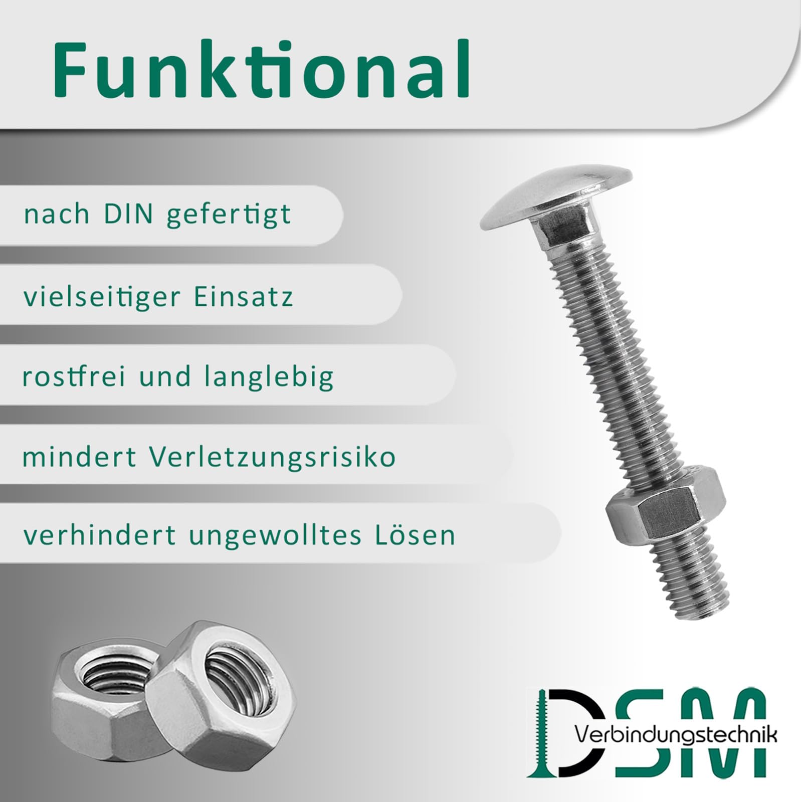 DSM – Lot de 100 boulons de carrosserie M6 x 70 mm DIN 603 – Avec écrou hexagonal DIN 934 – Inox A2/V2A – Vis TRCC à corps fileté