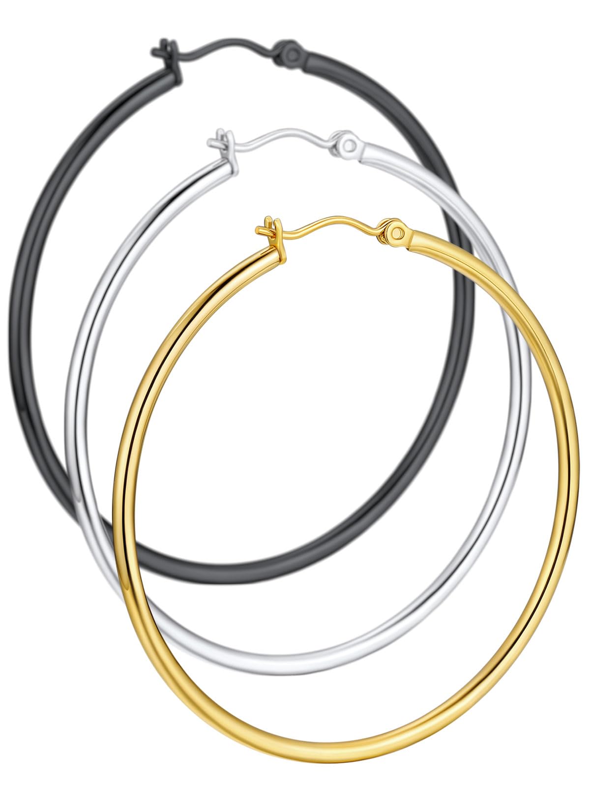 3 Pairs/Set Womens Stylish 2mm Thin Hoop Earrings Silver Gold Black Tone, Stainless Steel Earrings for Sensitive Ears Hypoallergenic, 30/40/50/60mm, Come Gift Box