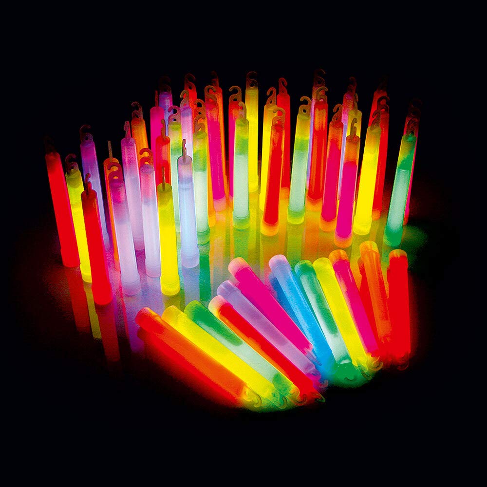 KNIXS 100er Pack Power-Knicklichter/Knicklicht (15cm) inkl. Spezialhaken und Befestigungsband im 6-Farb-Mix Leuchtend für Party, Festival, Outdoor oder als Dekoration