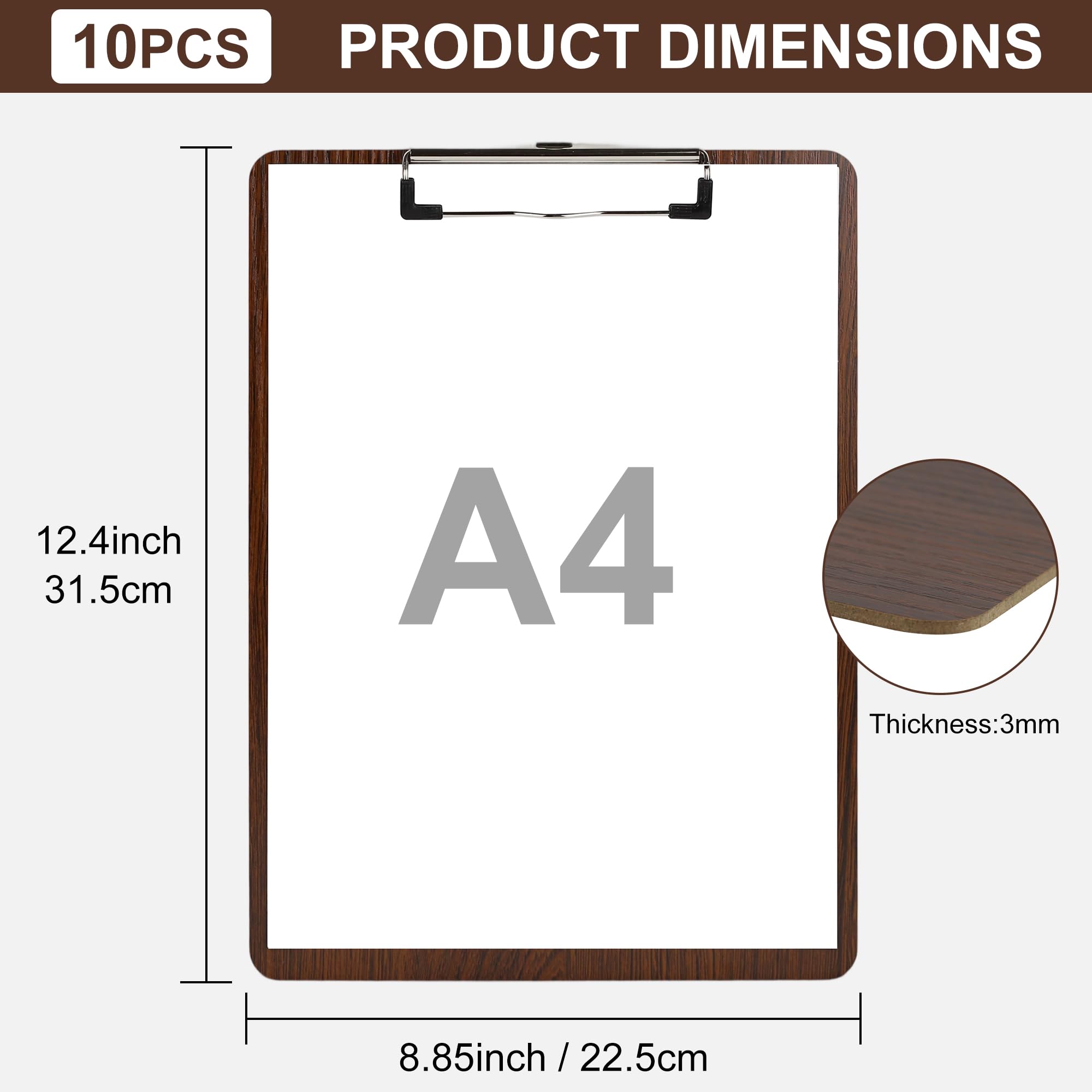 YKUKIZEE 10 Pack A4 Wooden Clipboard, Wood Menu Clipboard Hardboard, A4 Wooden Clip Board with Hanging Hole and Low Profile Metal Clip for Restaurant Office School - Image 2