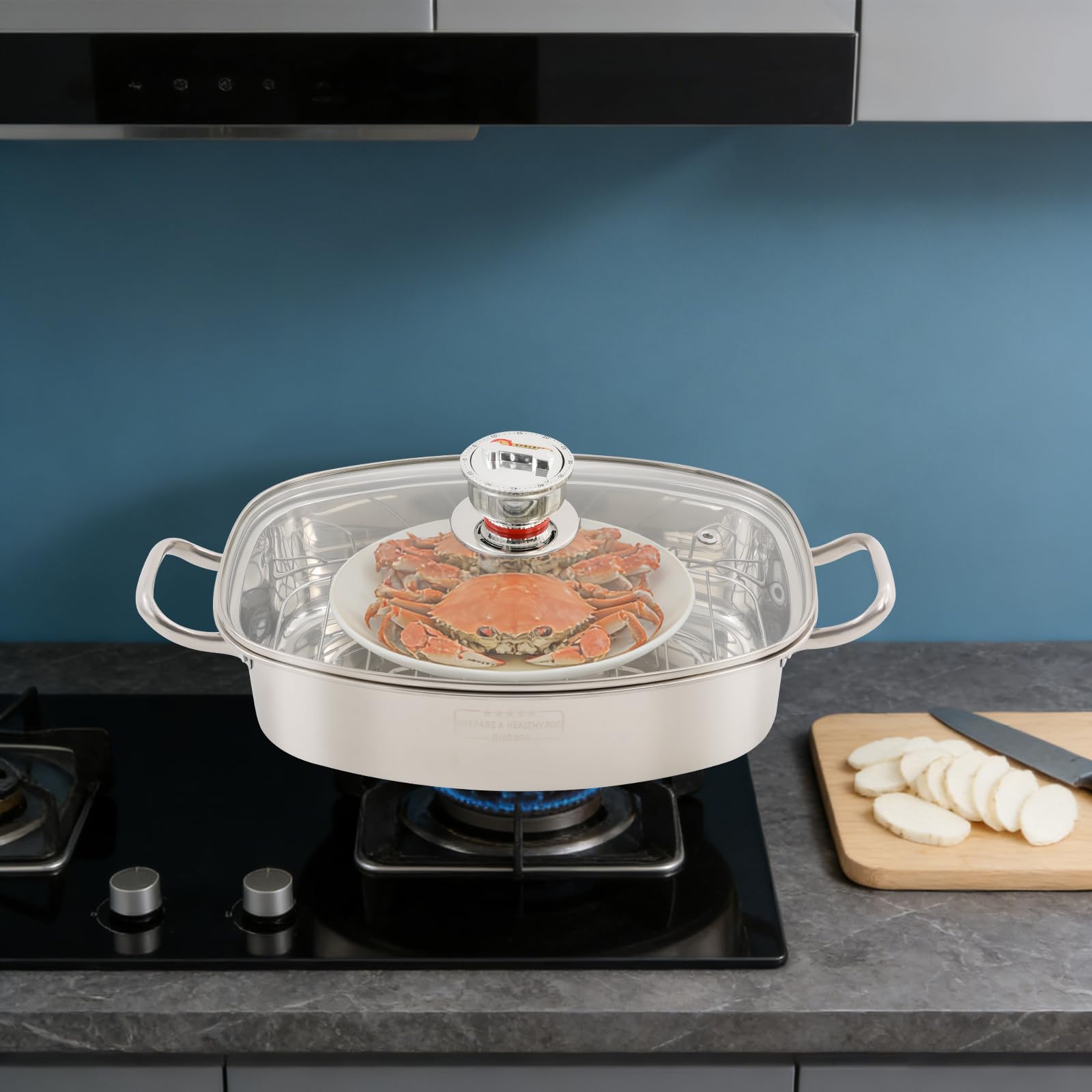 Edelstahl Dampfgarer Topf Set, Gas-, Elektro- & Induktionskochfeldern kompatibe, ovales Mehrzweck-Kochgeschirr mit Glasdeckel, Dampfeinsätze, Timer und Zange, für Fisch, Suppe & Dünsten (1 Etagen)