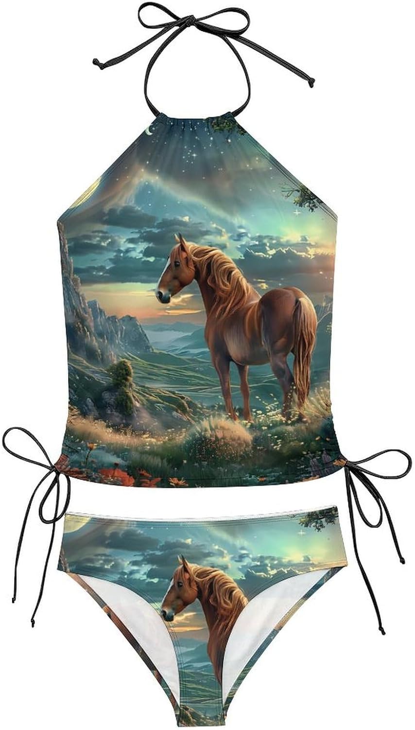 Brown Horse Moonnight Funny Women's String Swimwear Set 2 Pcs Tankini Swimsuits Bathing Suit