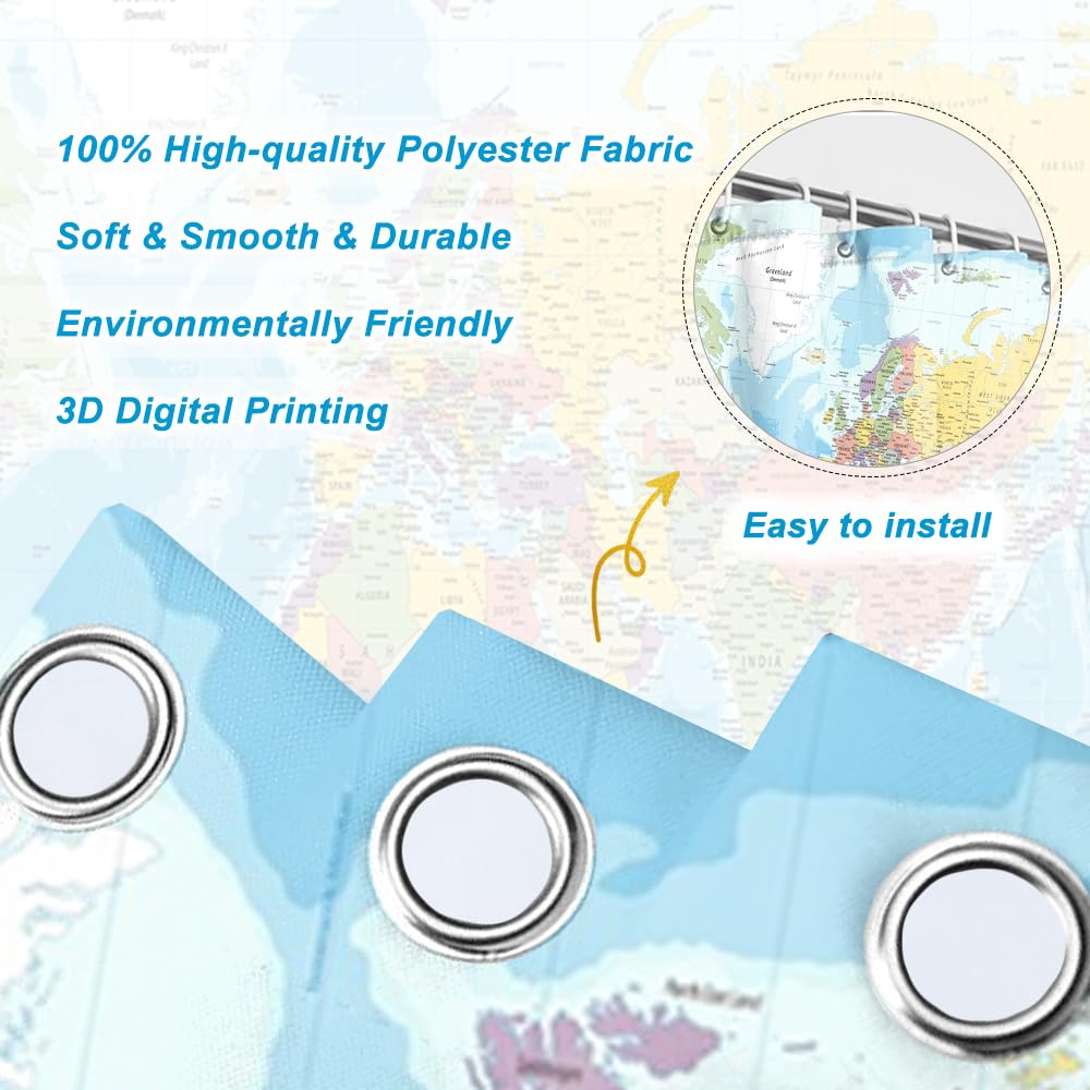 Tenda Da Doccia Mappa Del Mondo 180x198cm - Impermeabile Educativa Per Bambini Con Ganci, Blu Oceano - Foto 8