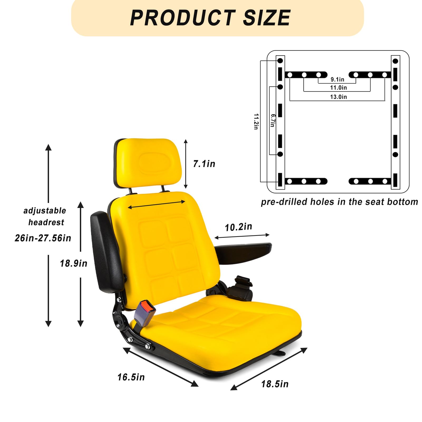 Asiento universal para carretilla elevadora con respaldo ajustable, asiento de tractor de PVC con cinturón de seguridad autorrebotante, asiento amarillo para cortacésped con reposabrazos para