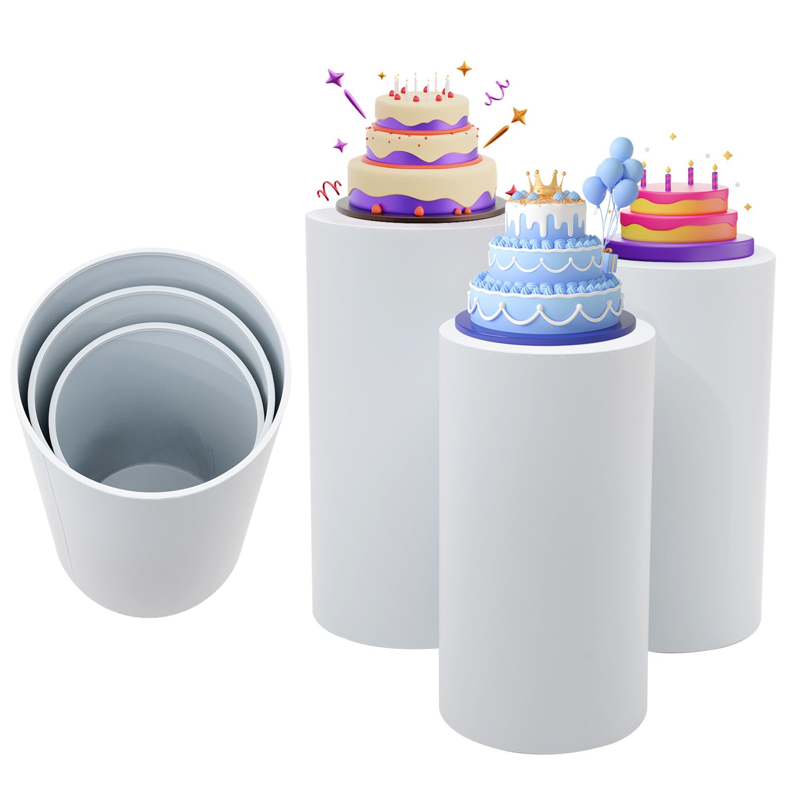 LYNICESHOP 3 Pcs Round Cylinder Pedestal Stands for Wedding Party, White Display Pedestals for Dessert Tables & Event Decor