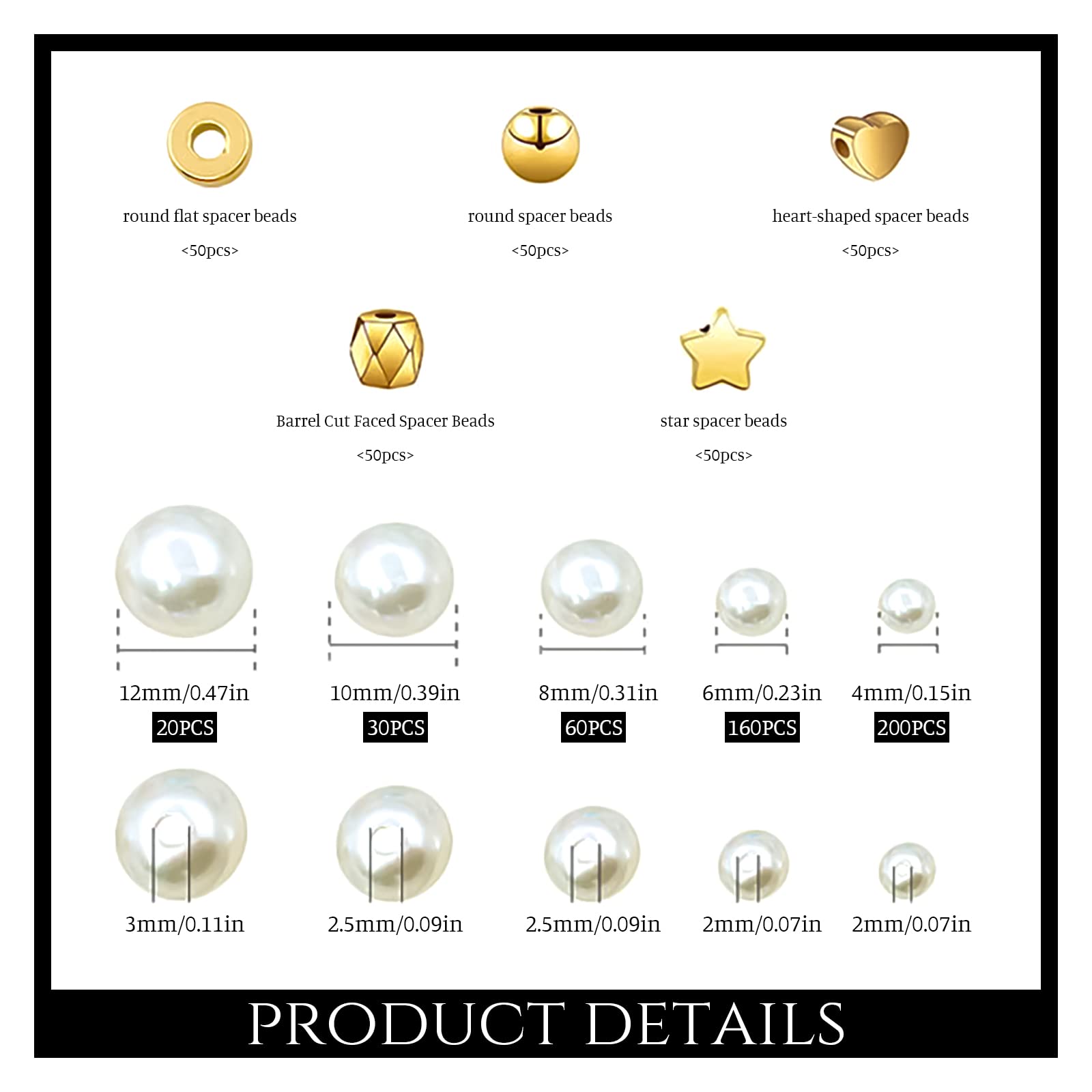 Skyzone Bead Making Kit - 720 PCS White Pearl & Gold Ball Heart Star Flat Spacer Beads for DIY Jewelry Crafts (10 Different Designs) - Image 2