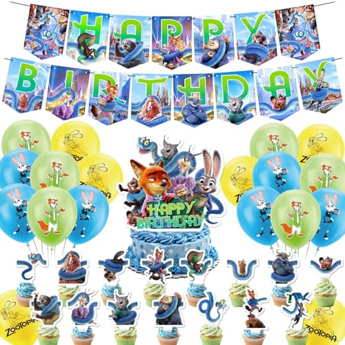Cartoon Animals Birthday Party Supplies Cute Party Decorations Set Includes 1 Birthday Banner 1 Cake Topper 15 Cupcake Toppers 18 Balloons for Girls Boys Movie Theme Party